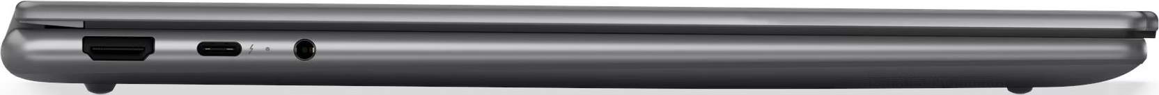 Seitenansicht eines geschlossenen grauen Laptops mit HDMI-, USB-C- und Kopfhöreranschluss.