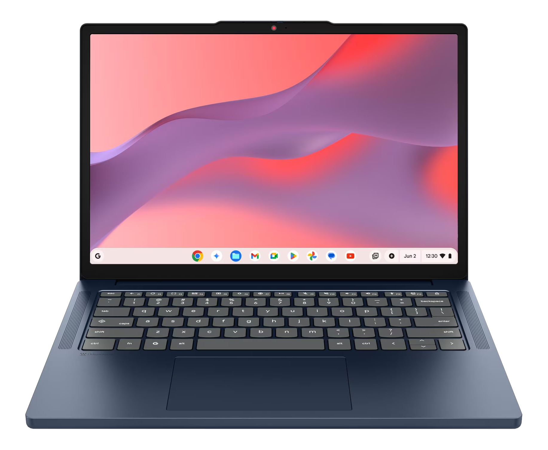 Ein blauer Laptop mit farbigem Hintergrundbild und gezeigter Taskleiste.