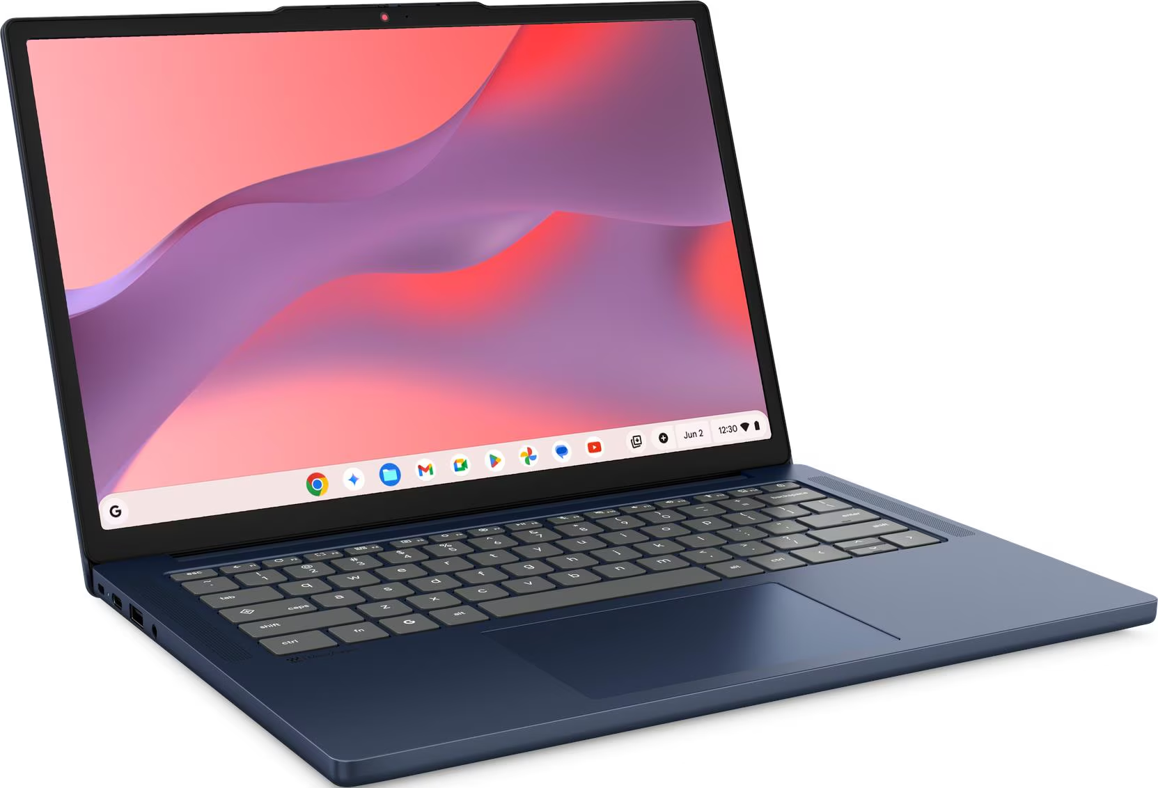Ein blauer Laptop mit buntem Bildschirm und offener Tastatur vor weißem Hintergrund.