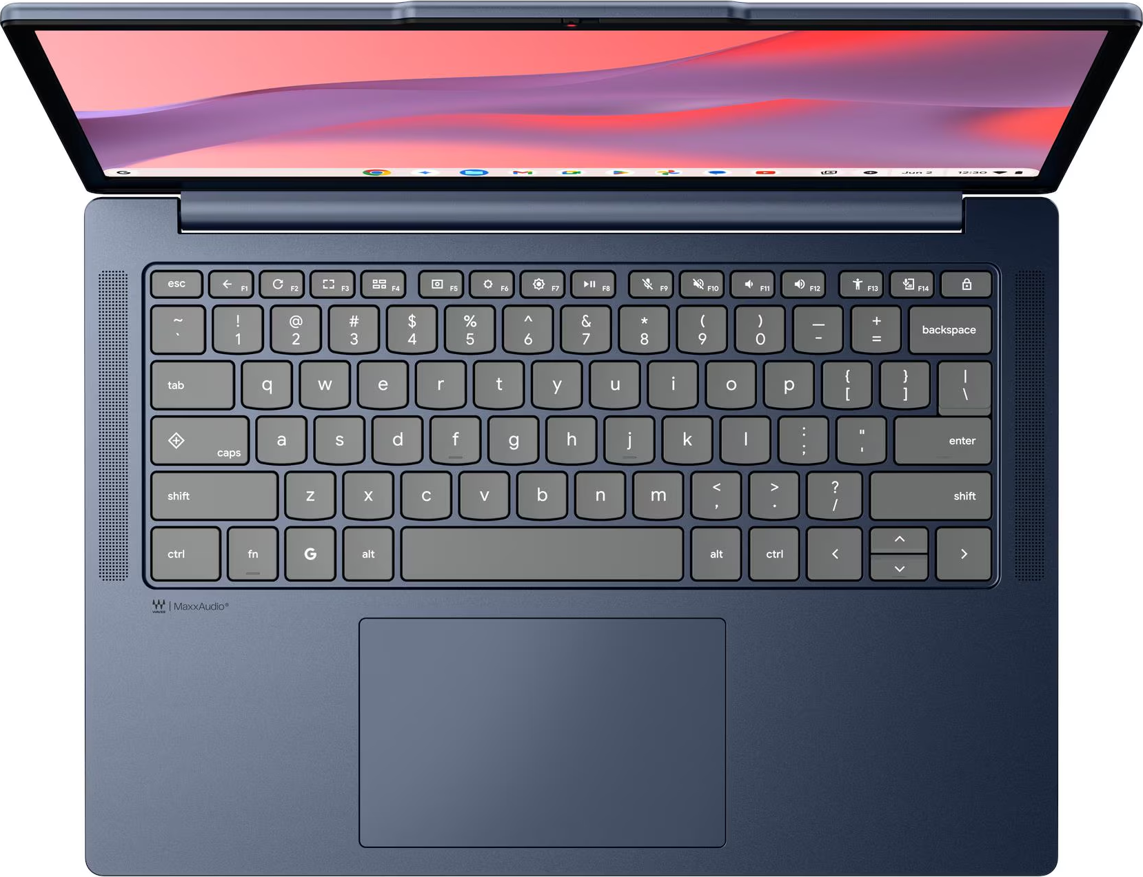 Draufsicht auf ein blaues Chromebook mit beleuchtetem Bildschirm und QWERTY-Tastatur.