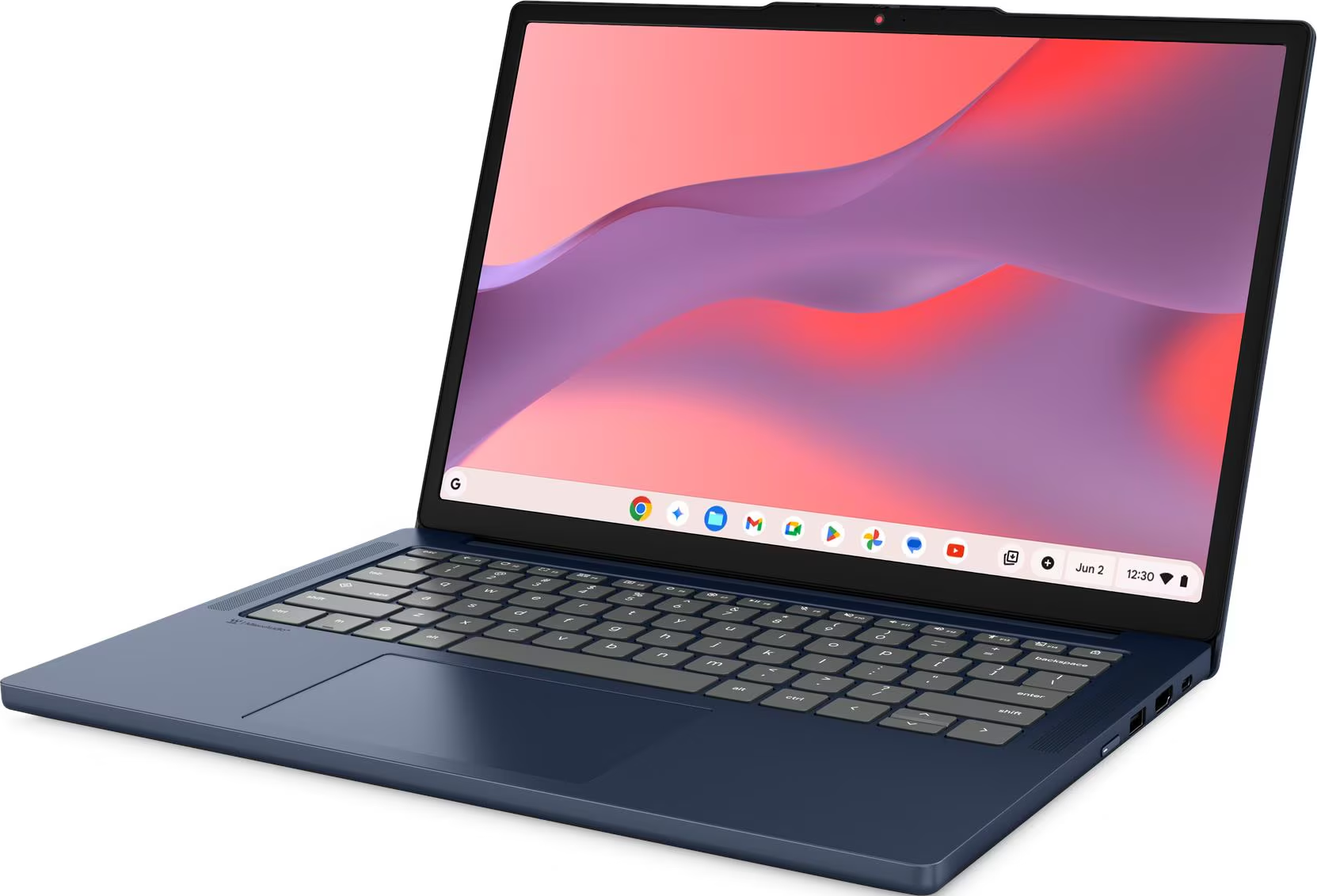 Blauer Laptop mit schwarzer Tastatur und abstraktem Hintergrundbild.
