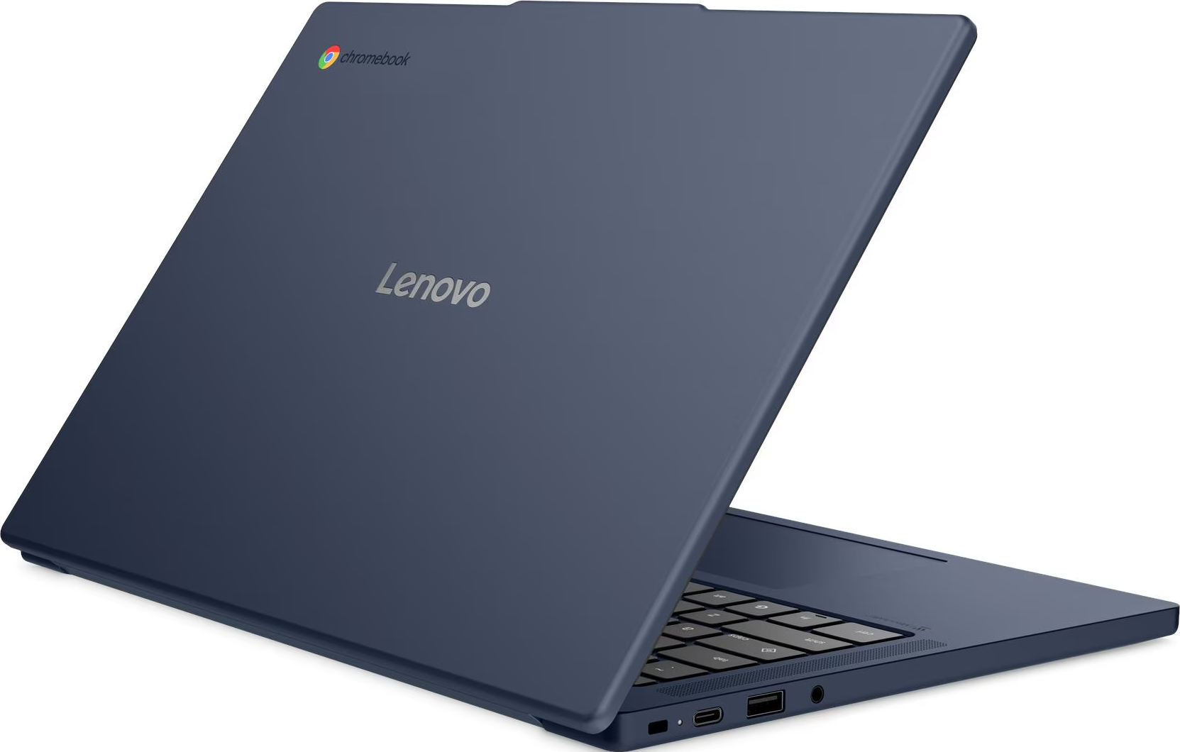 Blaues Lenovo Chromebook in dreiviertel Ansicht mit geschlossenem Display und sichtbaren Anschlüssen.
