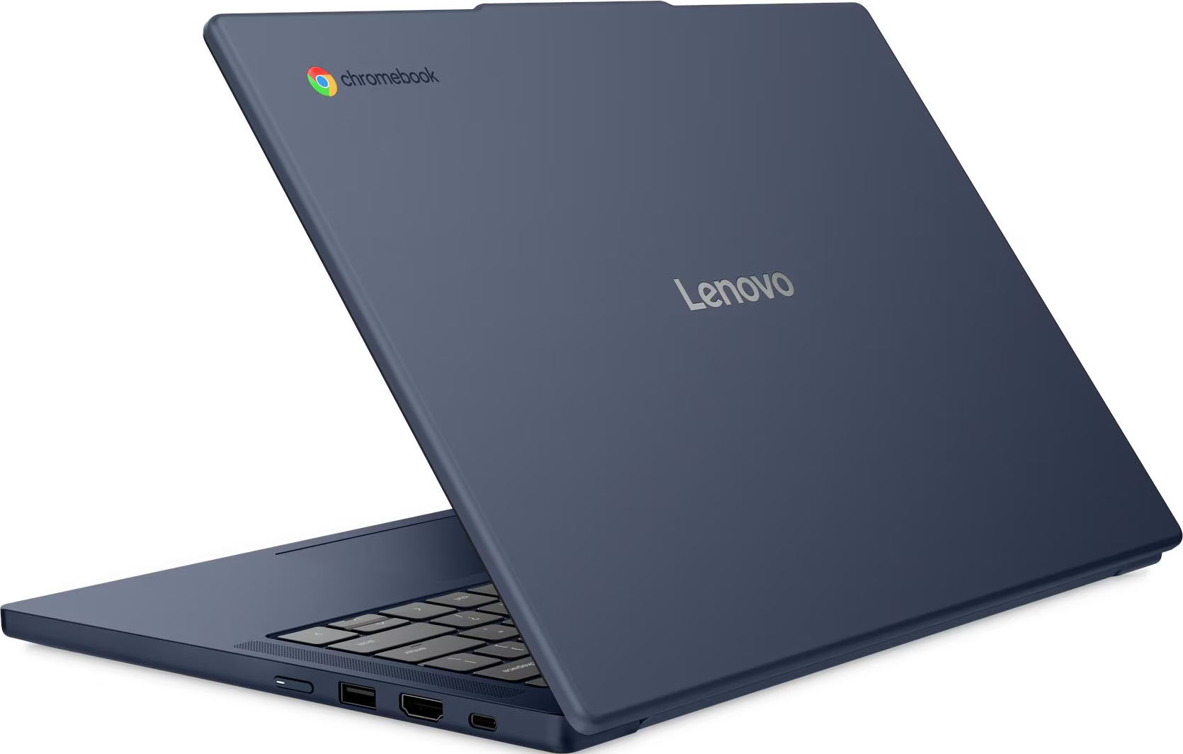 Blaues Lenovo Chromebook mit geöffnetem Deckel zeigt Tastatur und Anschlüsse.