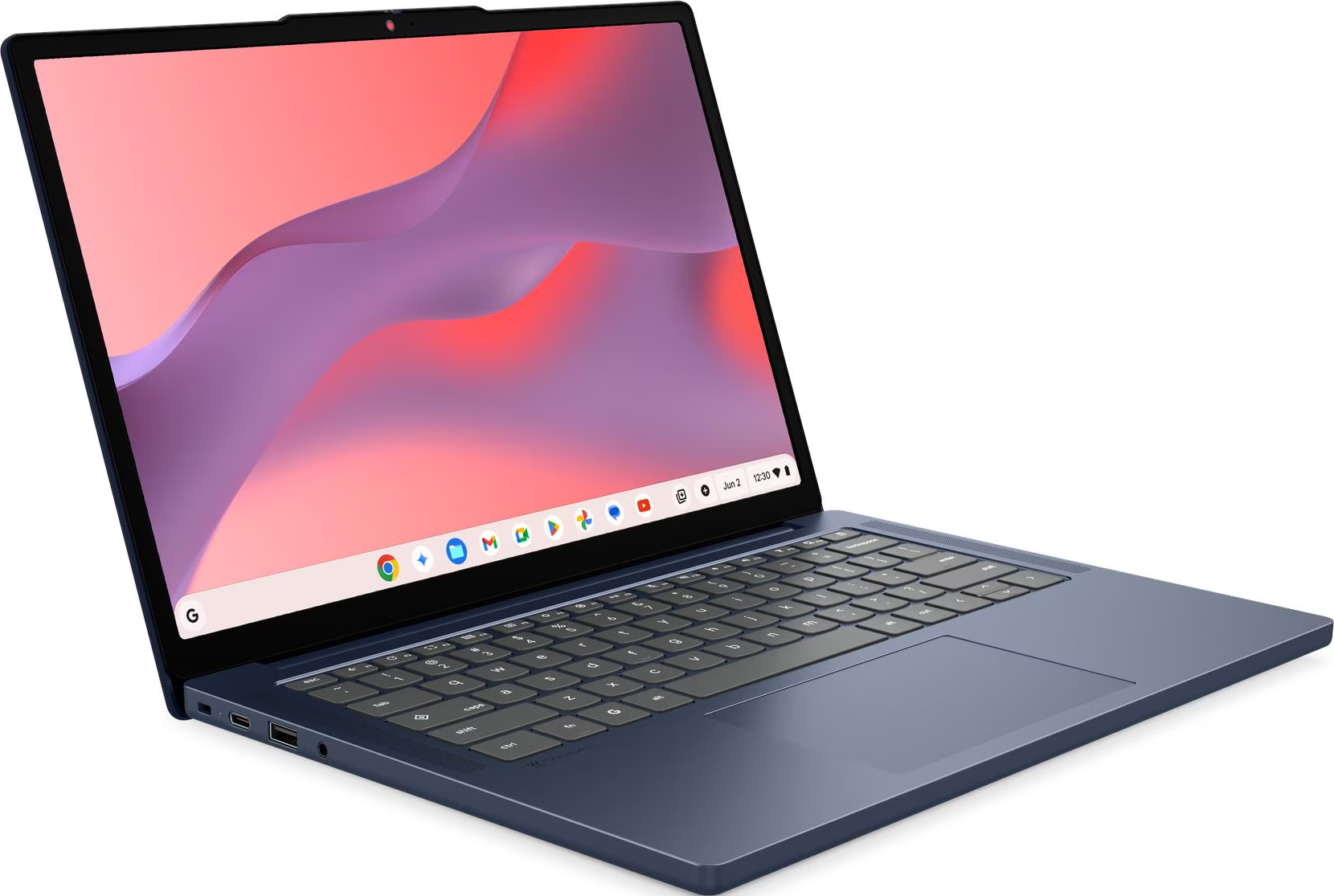 Ein blauer Laptop mit buntem Bildschirm und einer Chromebook-Leiste auf einem weißen Hintergrund.