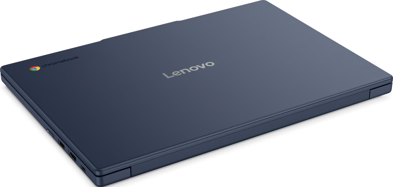 Geschlossener blauer Lenovo Chromebook Laptop auf weißem Hintergrund.