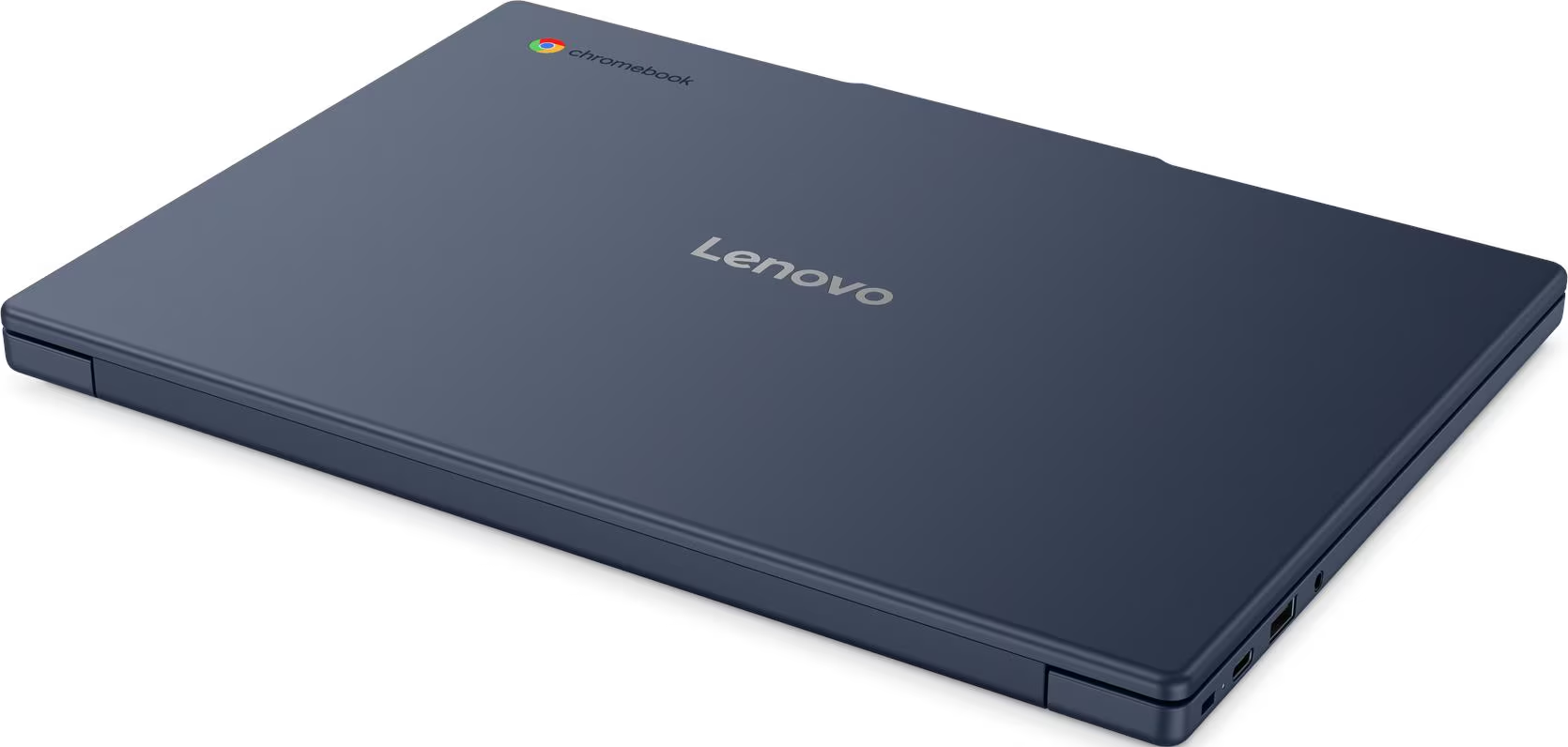 Geschlossener dunkelblauer Lenovo Chromebook Laptop auf weißem Hintergrund.
