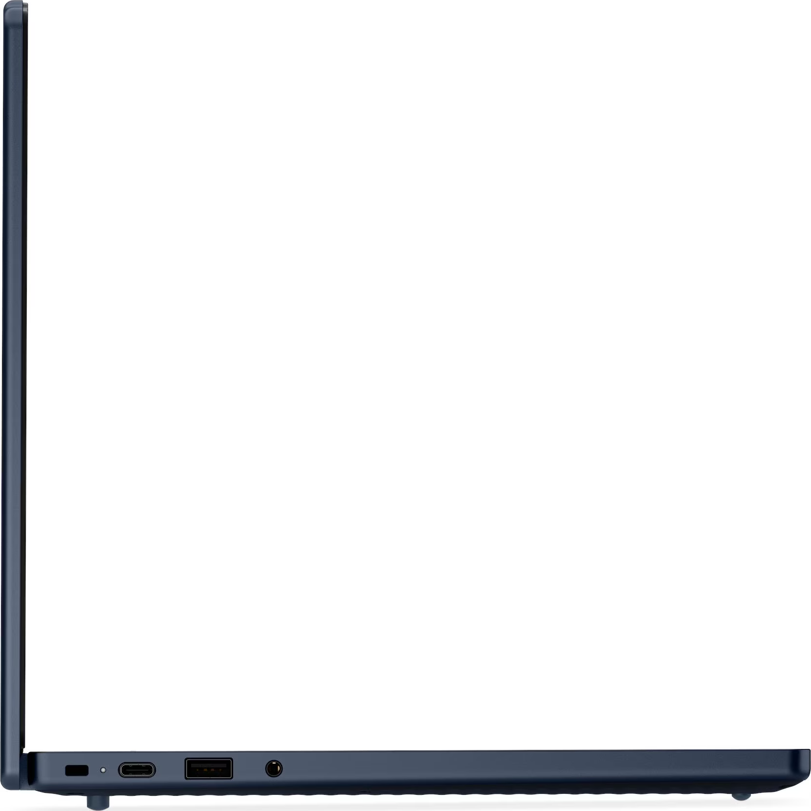 Linke Seite eines blauen Laptops mit USB-C, USB-A und Audio-Anschlüssen.