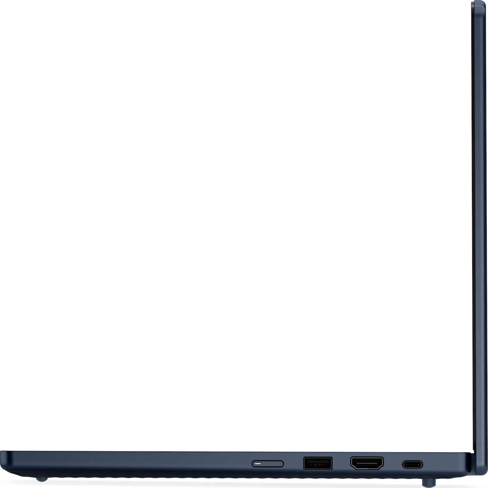 Seitenansicht eines blauen Laptops mit USB, HDMI und Netzanschluss.