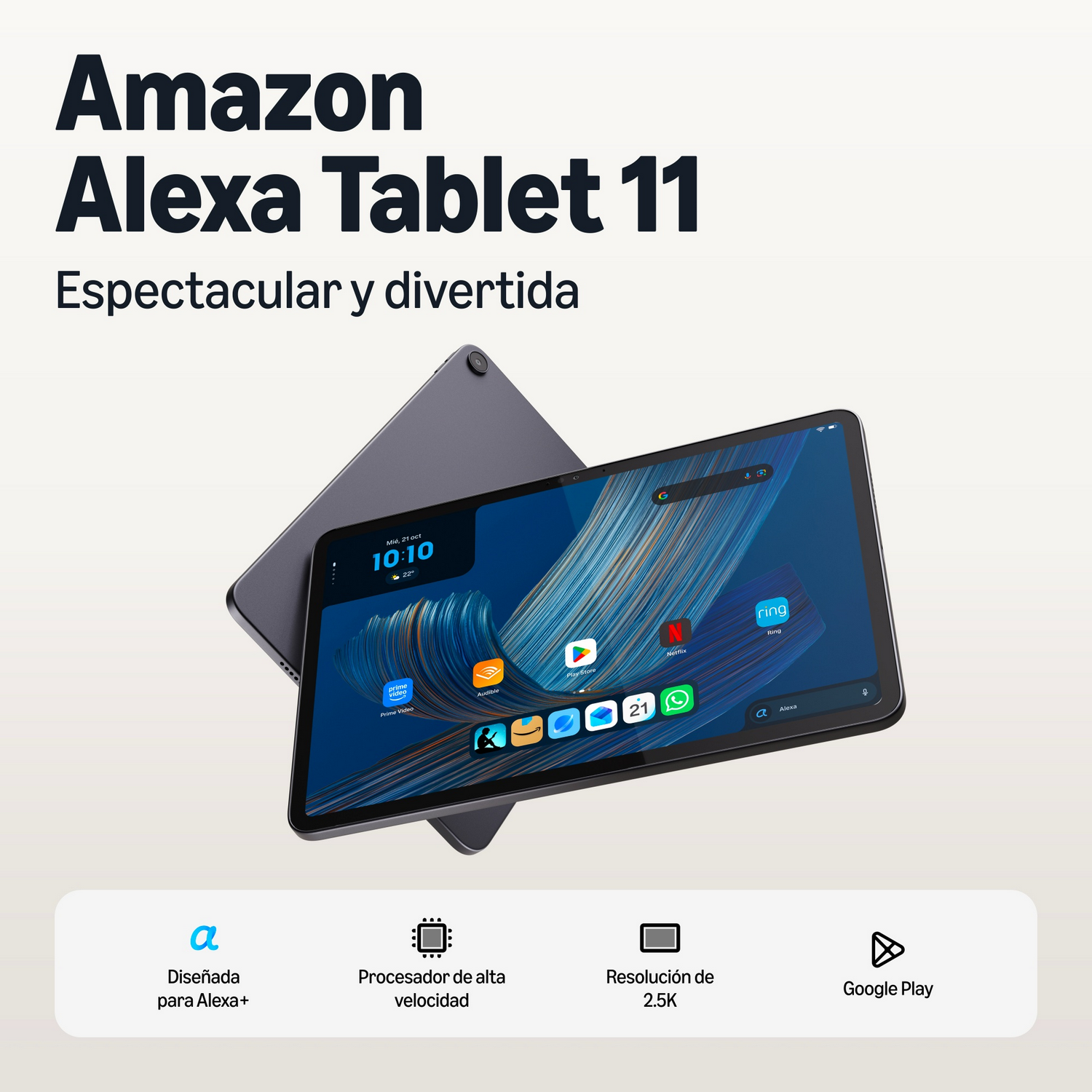 La tableta Amazon Alexa Tablet 11 con interfaz azul y cuatro iconos de funciones abajo.