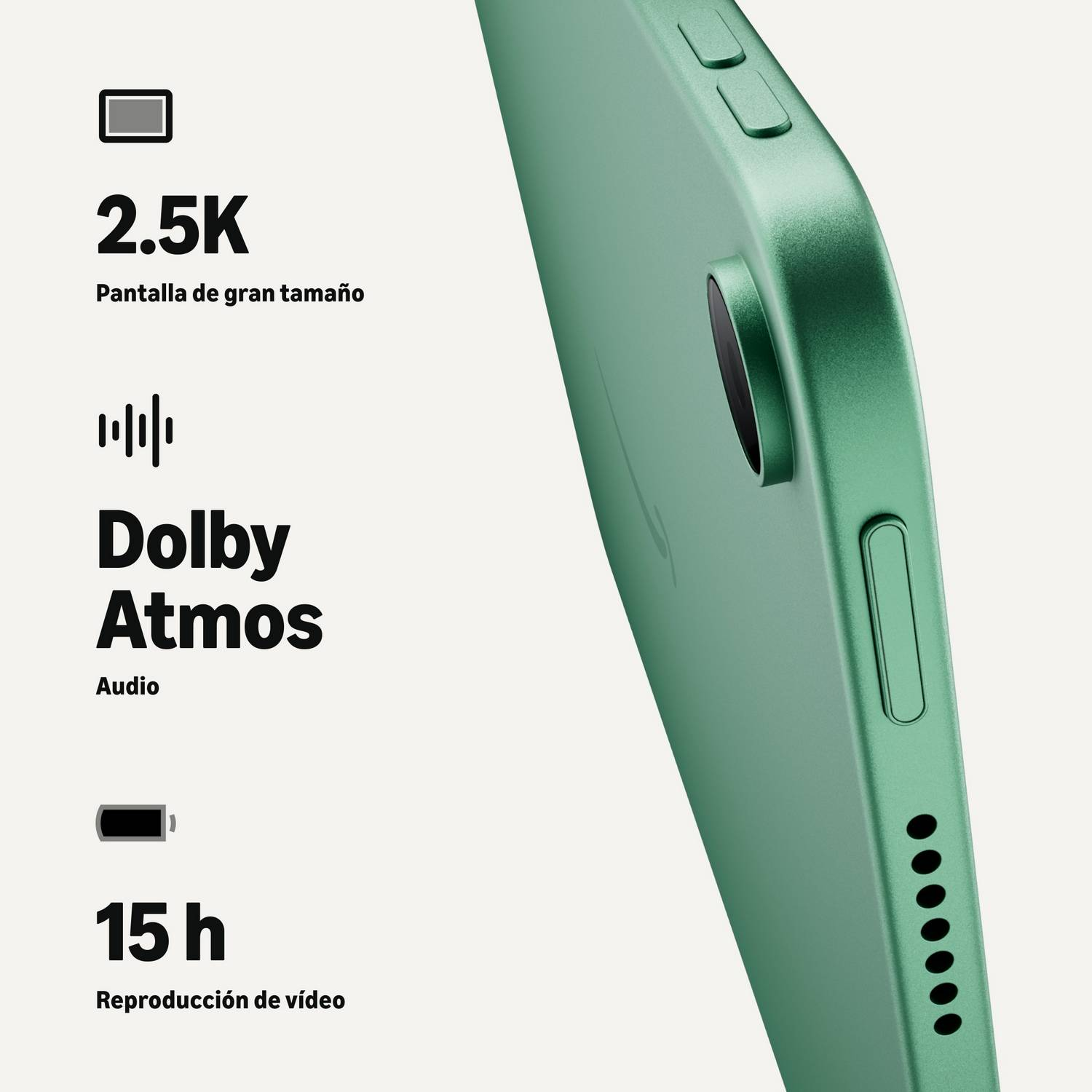 Smartphone verde con Dolby Atmos y 15 horas de reproducción de video.