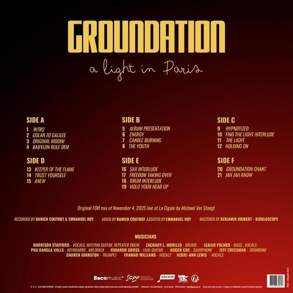 Rückseite des Groundation-Albums A Light in Paris mit Tracklists von A bis F und Musikernamen auf dunkelrotem Grund.