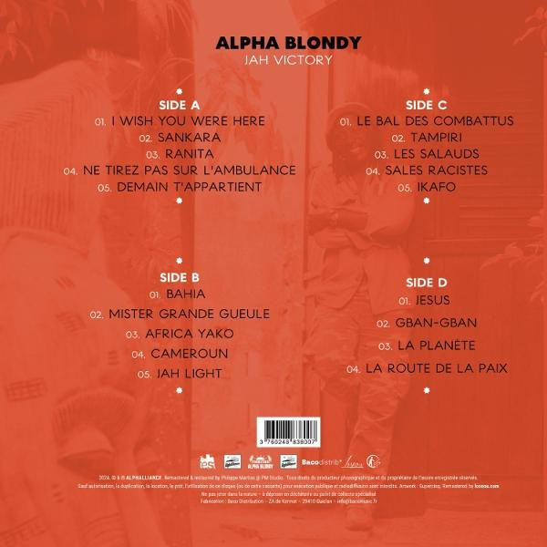 Rückseite des Alpha Blondy Albums Jah Victory mit rotem Hintergrund, Tracklists für Seiten A-D und Barcode.