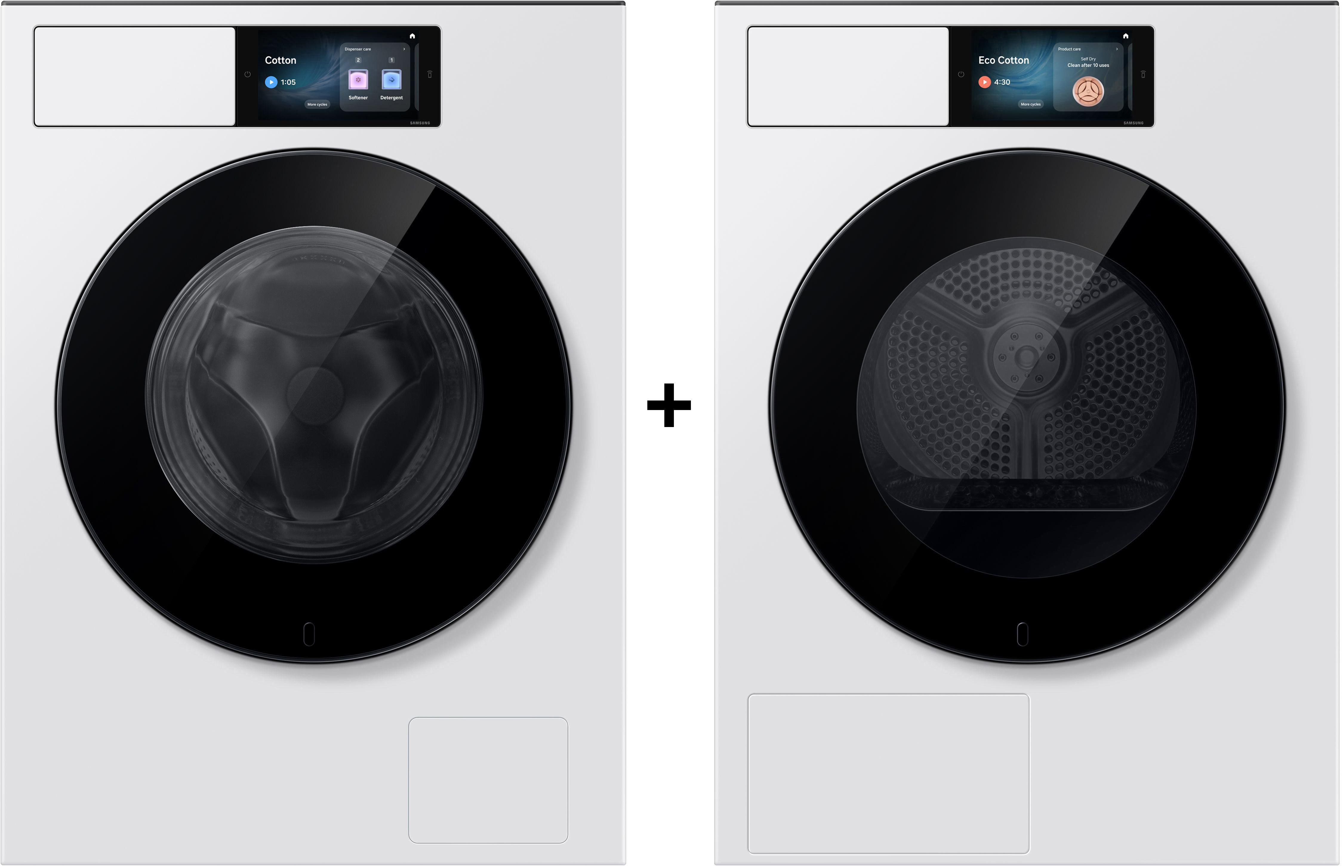 Weiße Waschmaschine und Trockner mit schwarzer Glastür und Digitaldisplay.