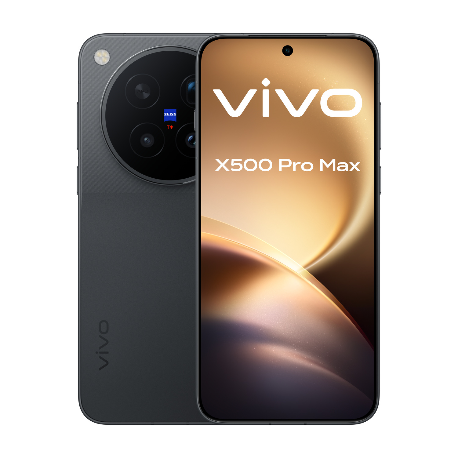 Vista frontale e posteriore di uno smartphone grigio Vivo X500 Pro Max con modulo fotocamera circolare.