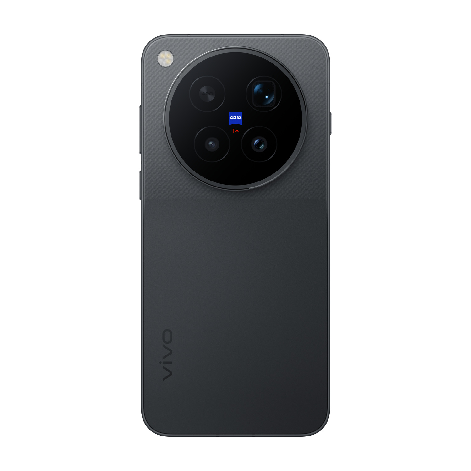 Retro di uno smartphone grigio scuro con un grande modulo fotocamera circolare, più lenti, il logo Zeiss e il marchio vivo.