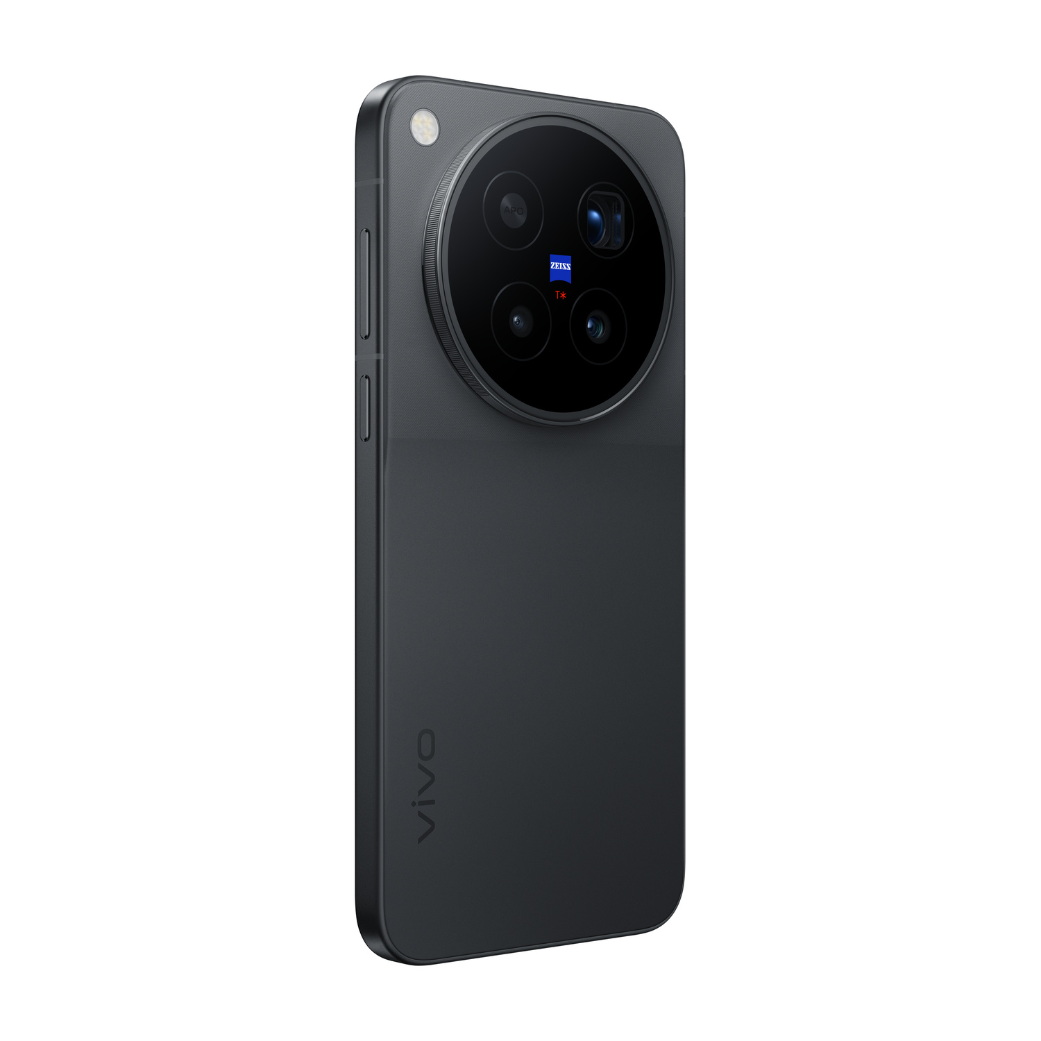 Retro di uno smartphone vivo nero con un grande modulo fotocamera circolare e logo Zeiss.