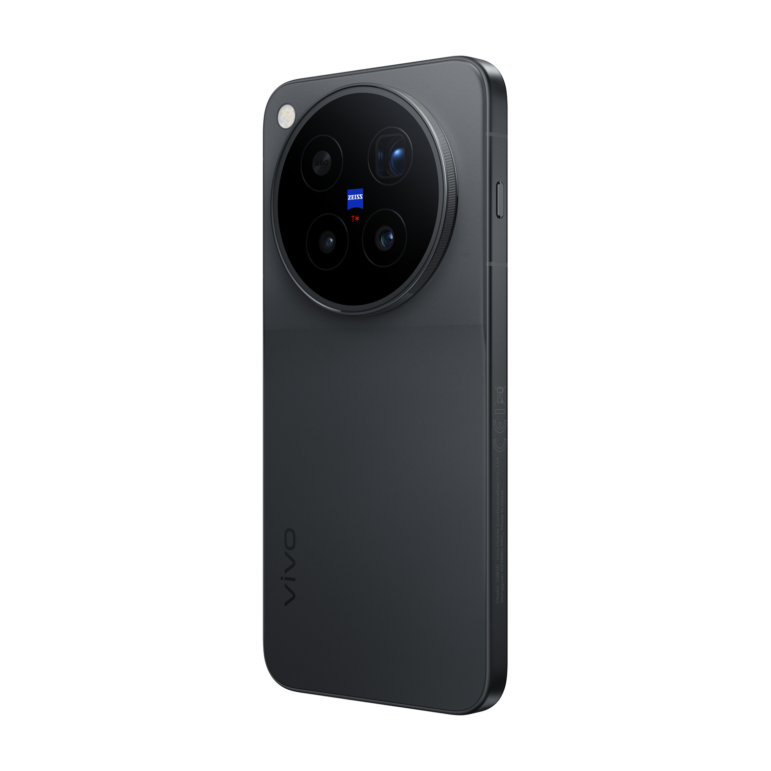 Retro di uno smartphone Vivo nero con un grande modulo fotocamera rotondo e il logo Zeiss.