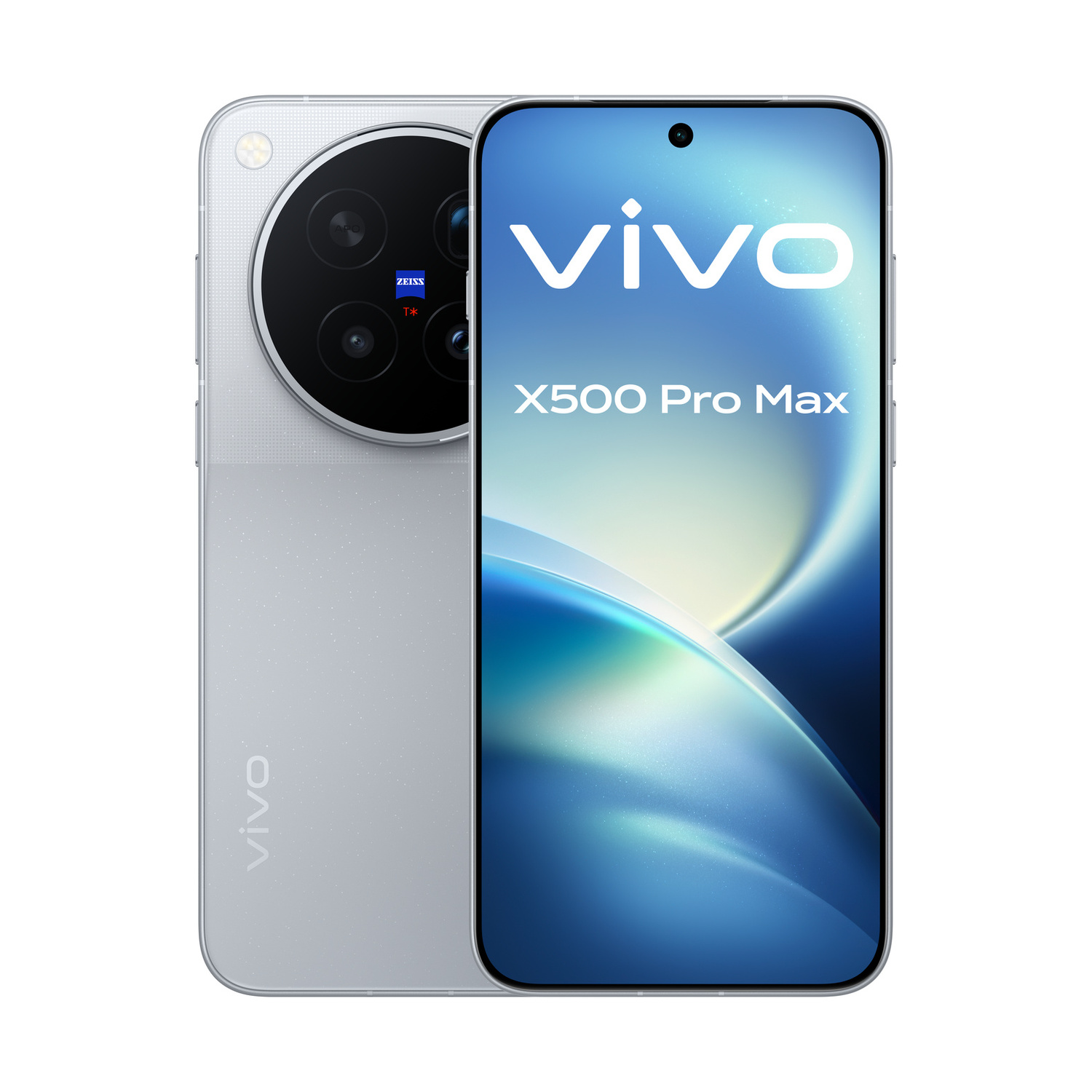 Smartphone argentato Vivo X500 Pro Max con schermo e modulo fotocamera posteriore circolare.