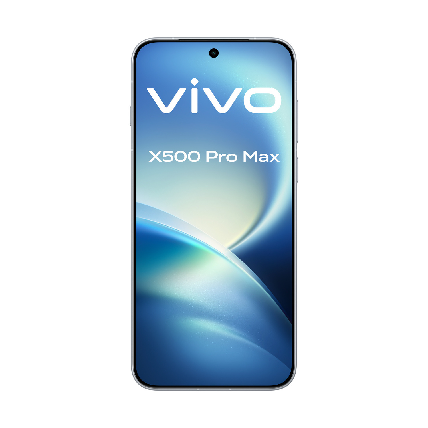 Vista frontale dello smartphone Vivo X500 Pro Max con sfondo blu e logo bianco.