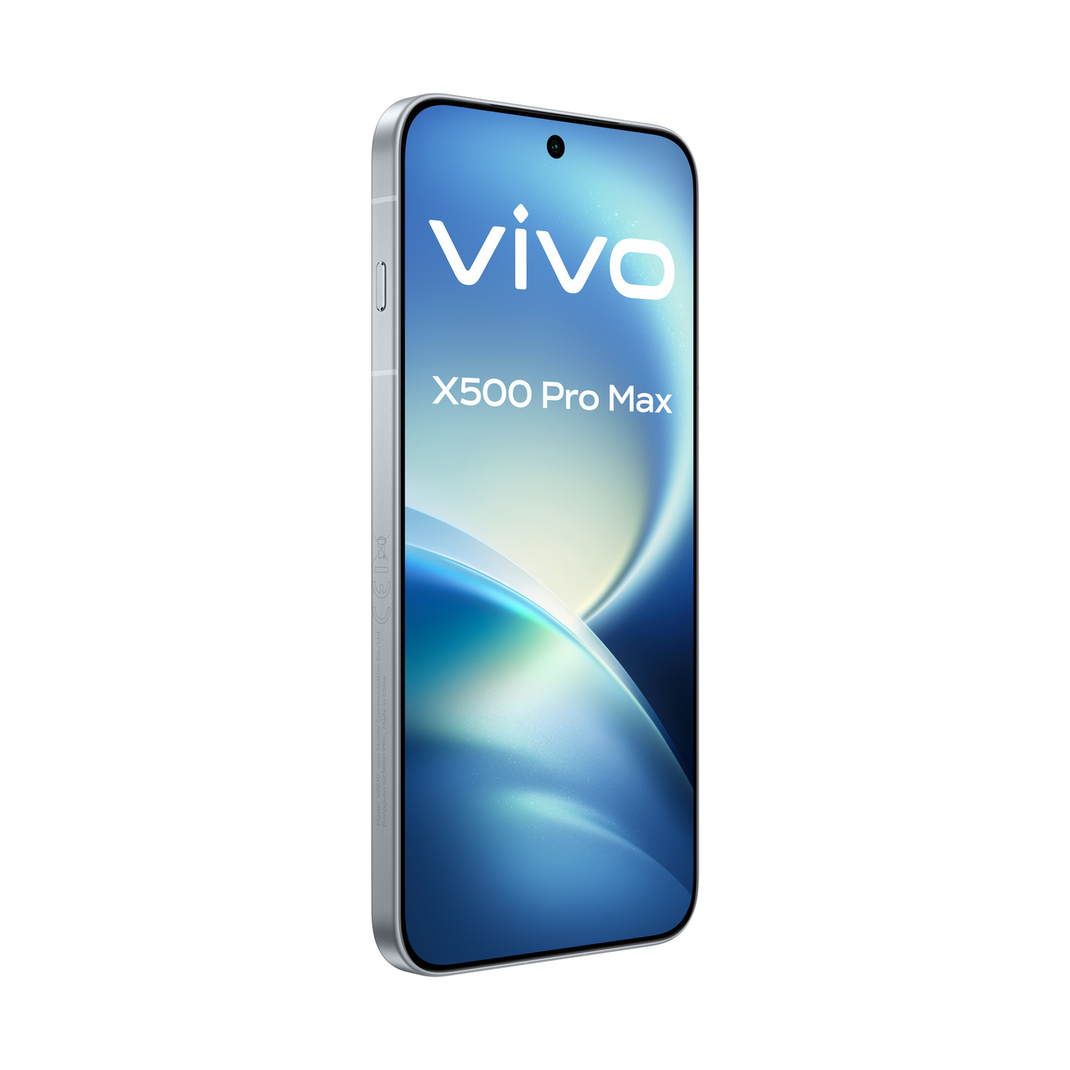 Uno smartphone argentato Vivo X500 Pro Max mostra il marchio e uno schermo blu astratto.