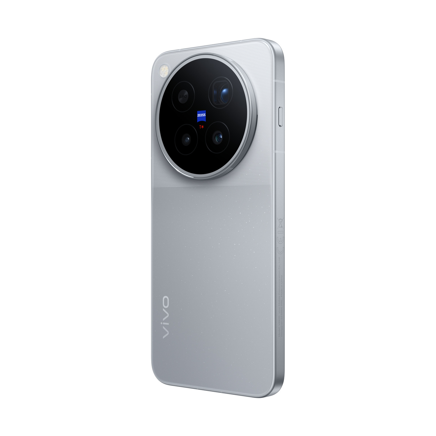 Retro di uno smartphone vivo argento con un grande modulo fotocamera rotondo e logo Zeiss.