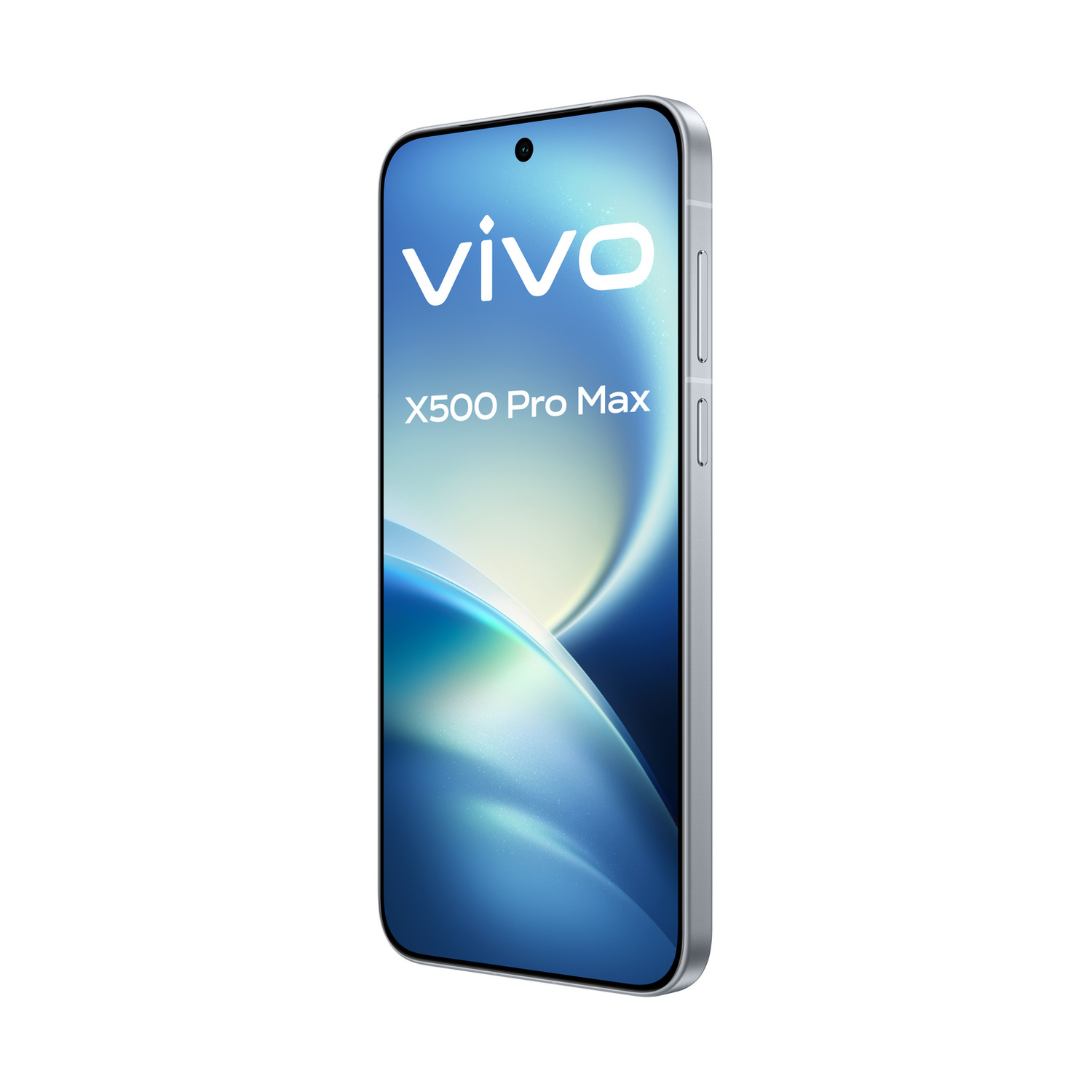 Uno smartphone argento Vivo X500 Pro Max con schermo blu e tasti laterali visibili.