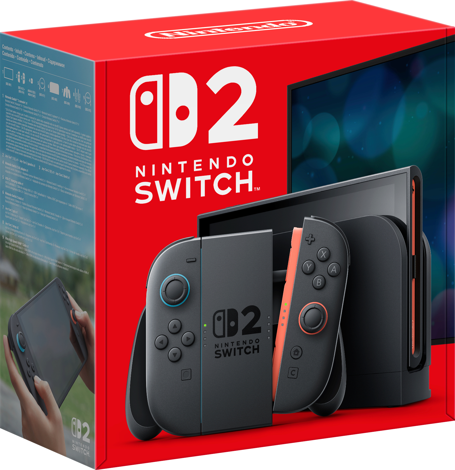 Rote Nintendo Switch 2 Box mit Konsole, Dock und Controllern auf weißem Hintergrund.