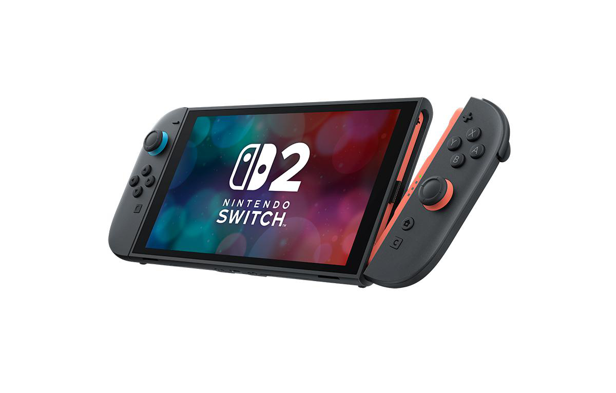 Eine Nintendo Switch-Konsole mit dem Logo auf dem Bildschirm und grauen Joy-Con-Controllern auf weißem Hintergrund.