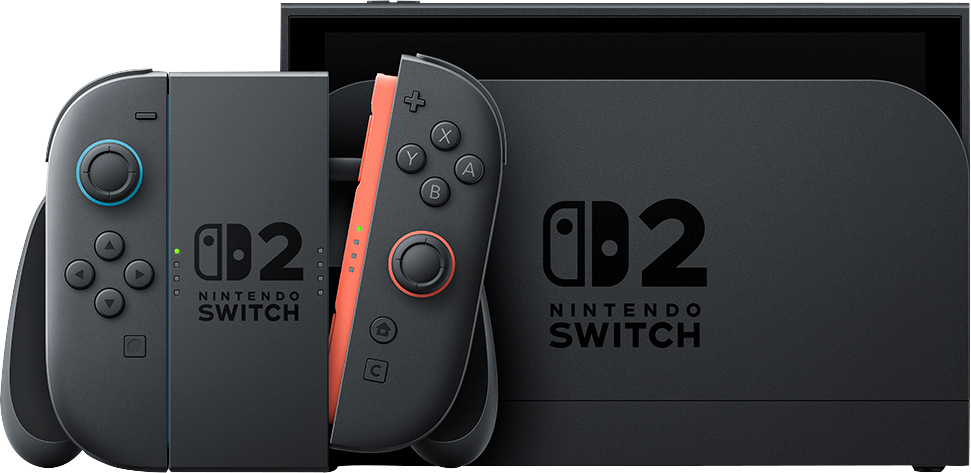 Schwarze Nintendo Switch-Konsole mit Dock und angebrachten Controllern.