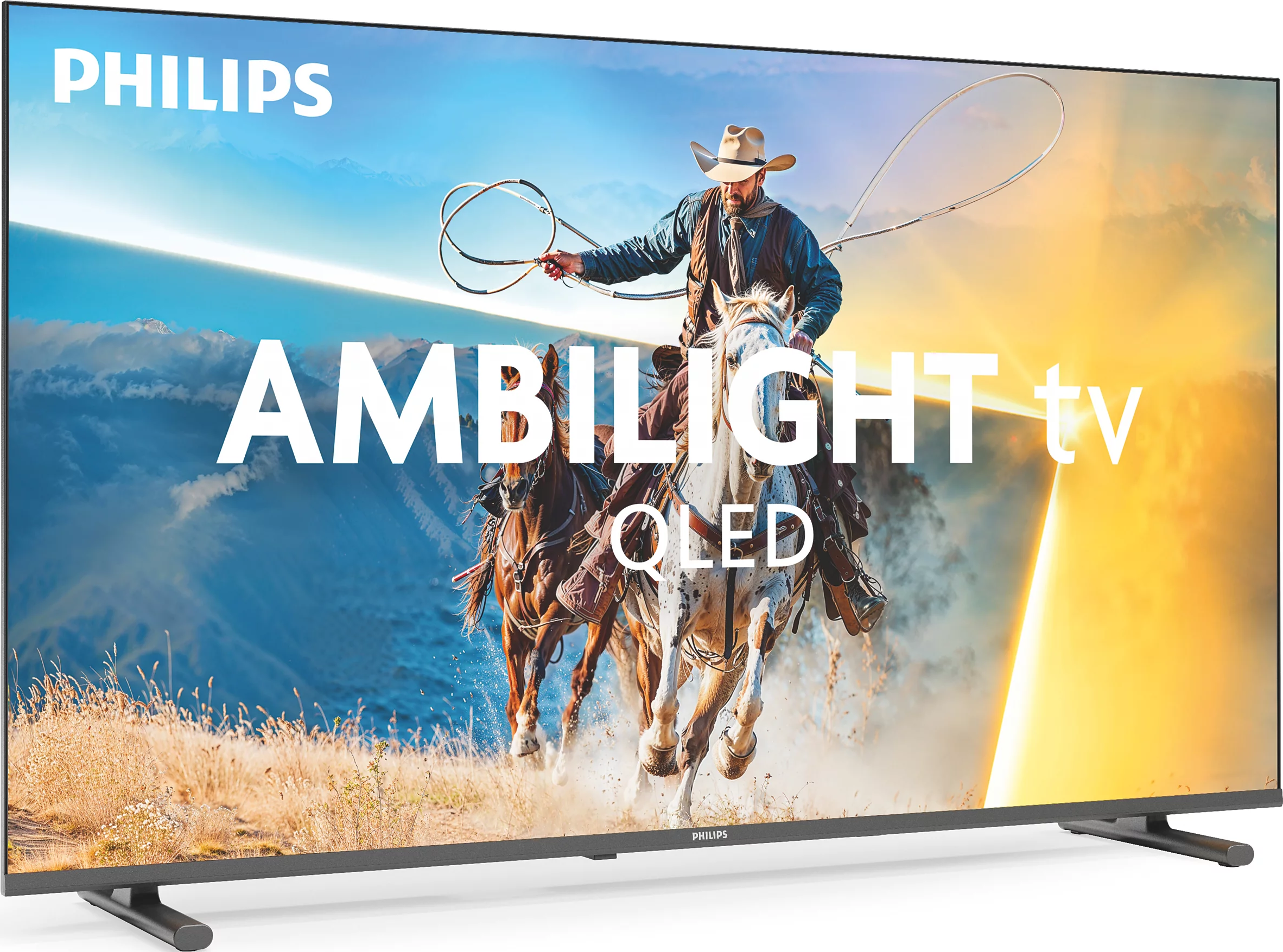 Philips Ambilight OLED TV zeigt einen Cowboy zu Pferd mit Lasso in einer Landschaft.