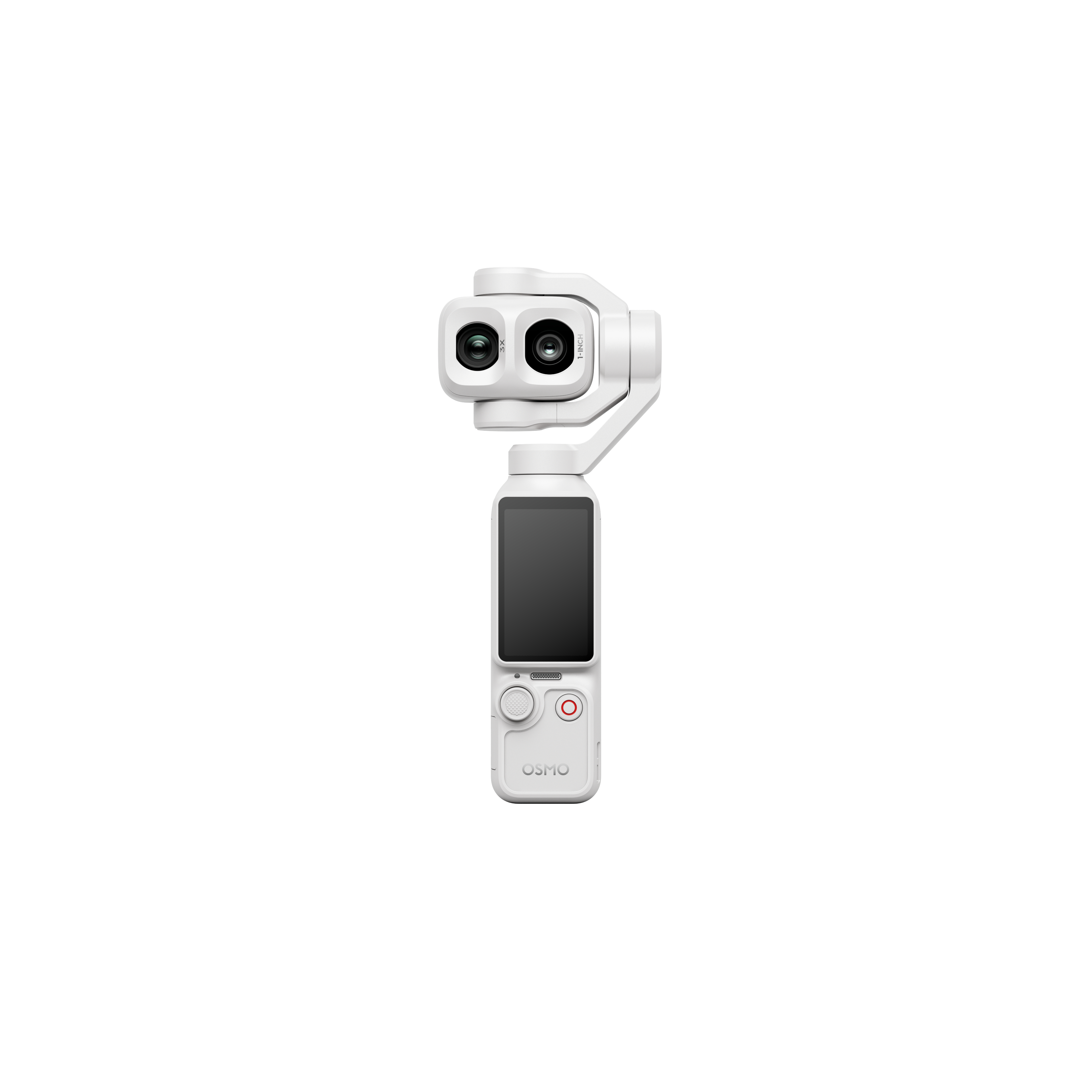 Weiße DJI Osmo Kamera mit doppeltem Objektiv und vertikalem Bildschirm auf weißem Grund.