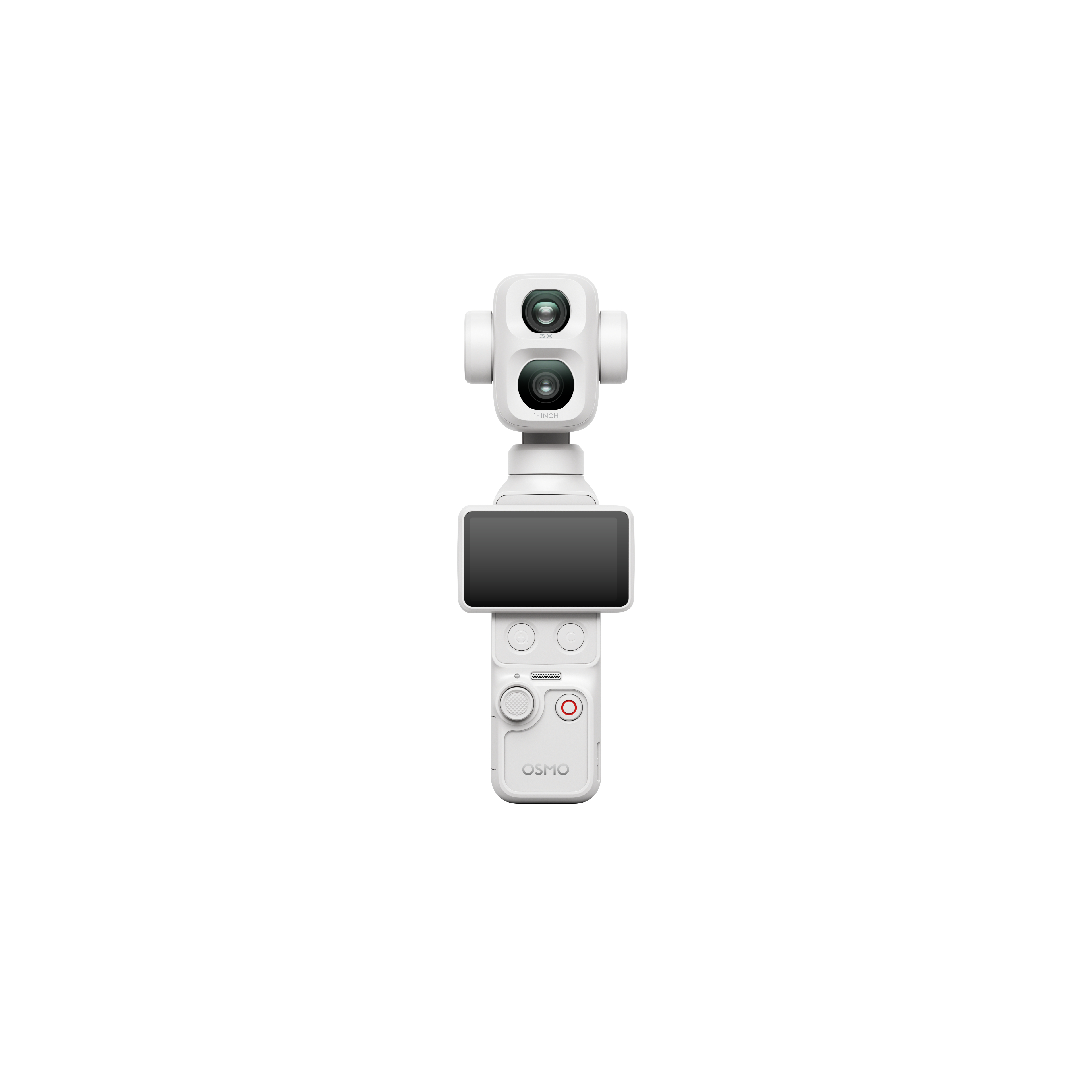 Eine weiße DJI Osmo Kamera mit doppeltem Objektiv, Bildschirm und Bedienelementen auf weißem Hintergrund.