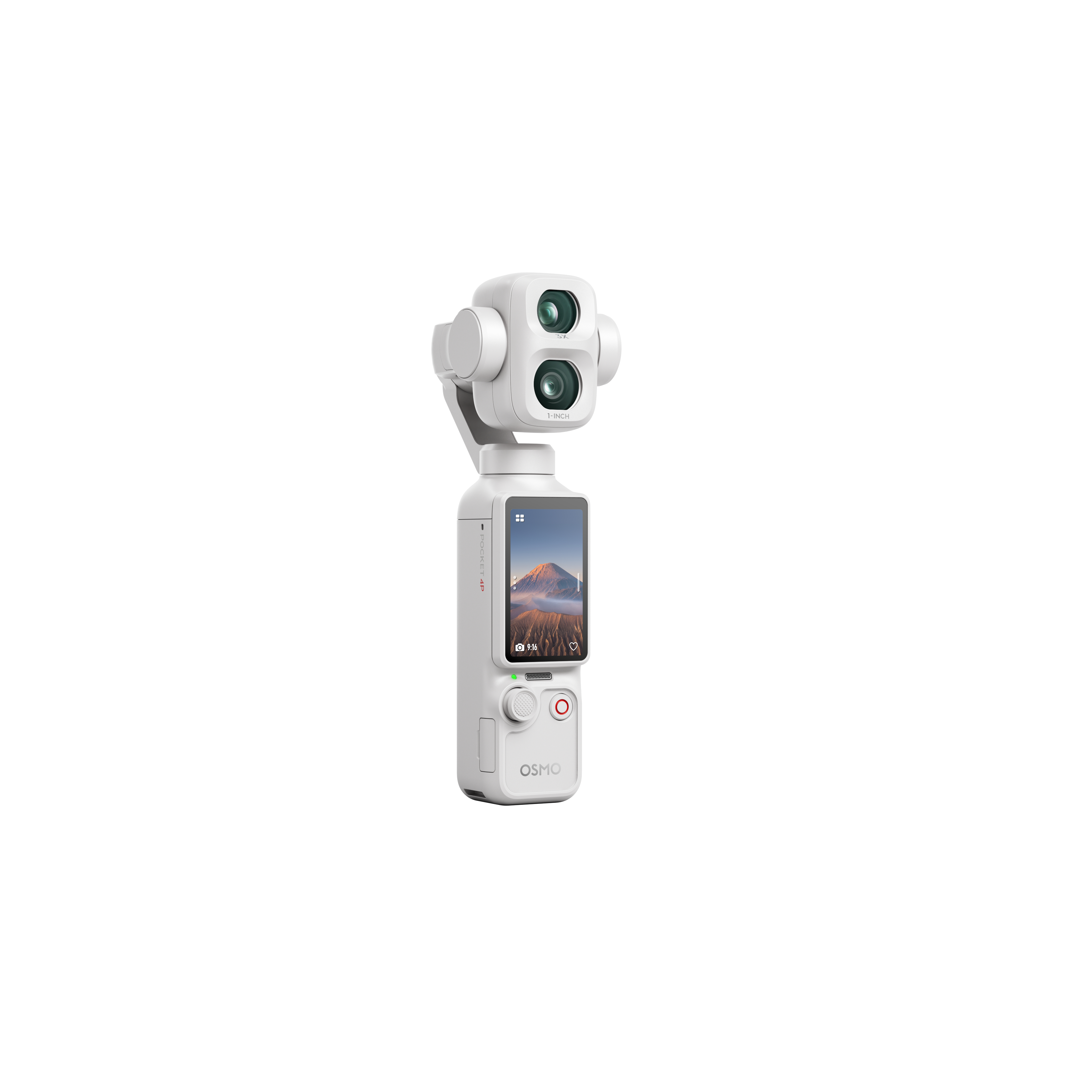 Eine weiße DJI Osmo Pocket Kamera mit Gimbal und Display auf weißem Hintergrund.
