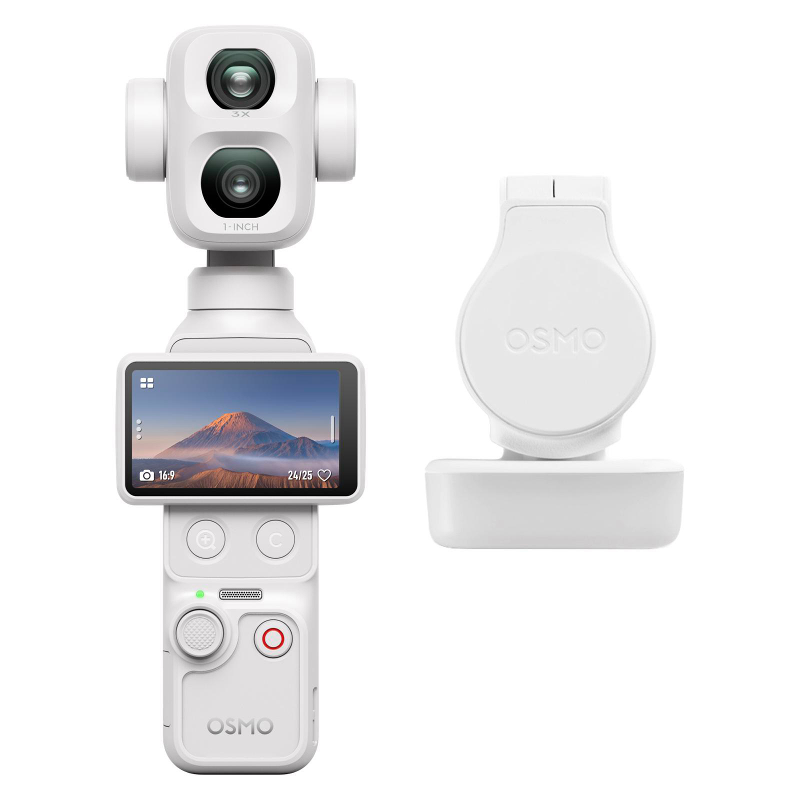 Weiße Osmo-Handkamera mit Display, zwei Linsen und Ladeschale.