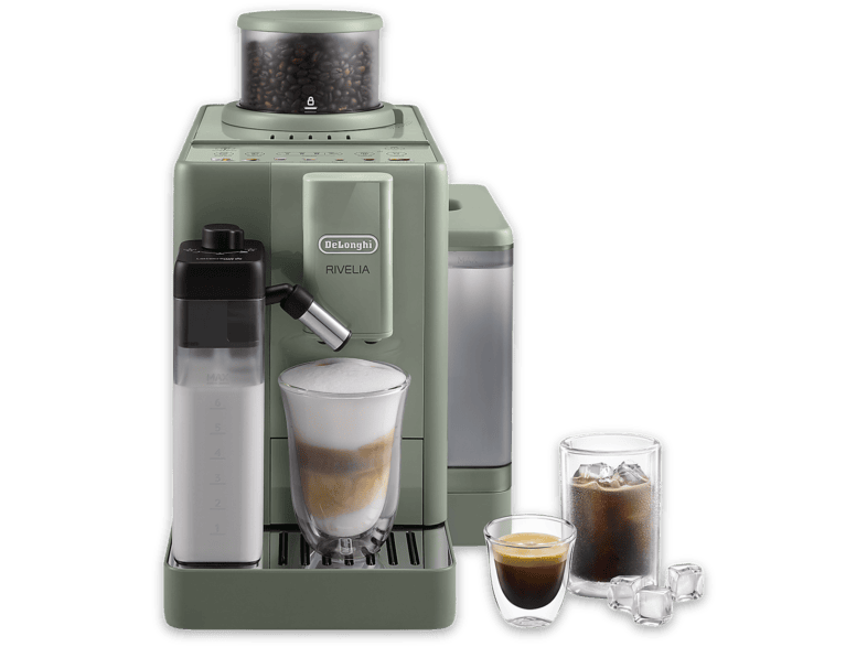 Cafetera superautomática - De' Longhi Rivelia EXAM420.55.GR, 1450 W, 15 bar, Molinillo integrado, LatteCremaHot, Depósito leche, Táctil, Verde