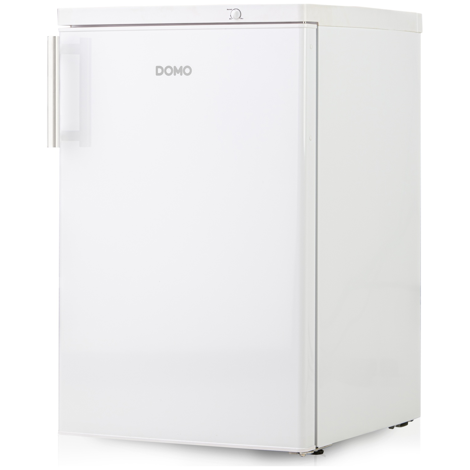 Un réfrigérateur compact Domo blanc avec poignée argentée sur fond blanc.