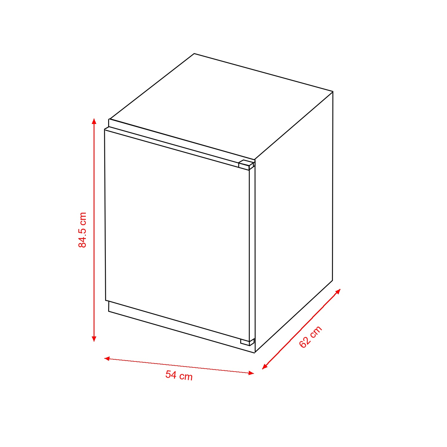 Dessin au trait d'un meuble avec des dimensions de 84,5 cm de hauteur, 54 cm de largeur et 62 cm de profondeur.