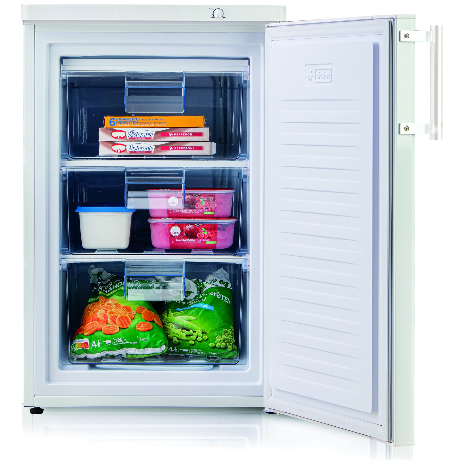 Un congélateur armoire blanc avec la porte ouverte, montrant trois tiroirs remplis de surgelés.