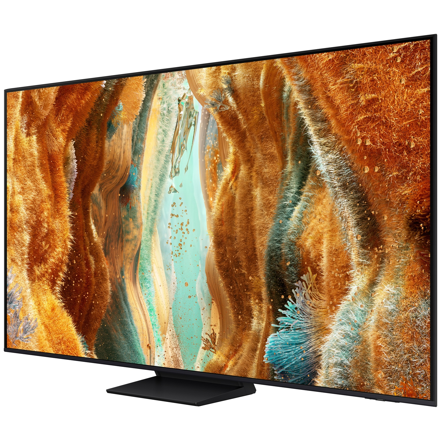 Un téléviseur moderne à cadre noir fin affiche une image abstraite et texturée orange et turquoise.