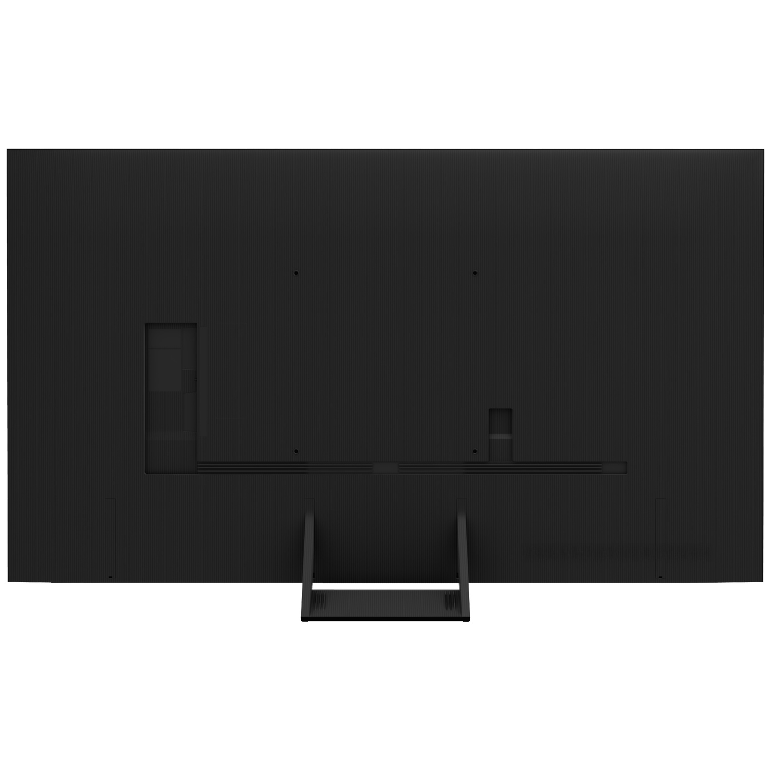 Vue arrière d'un téléviseur à écran plat noir moderne avec un pied robuste.