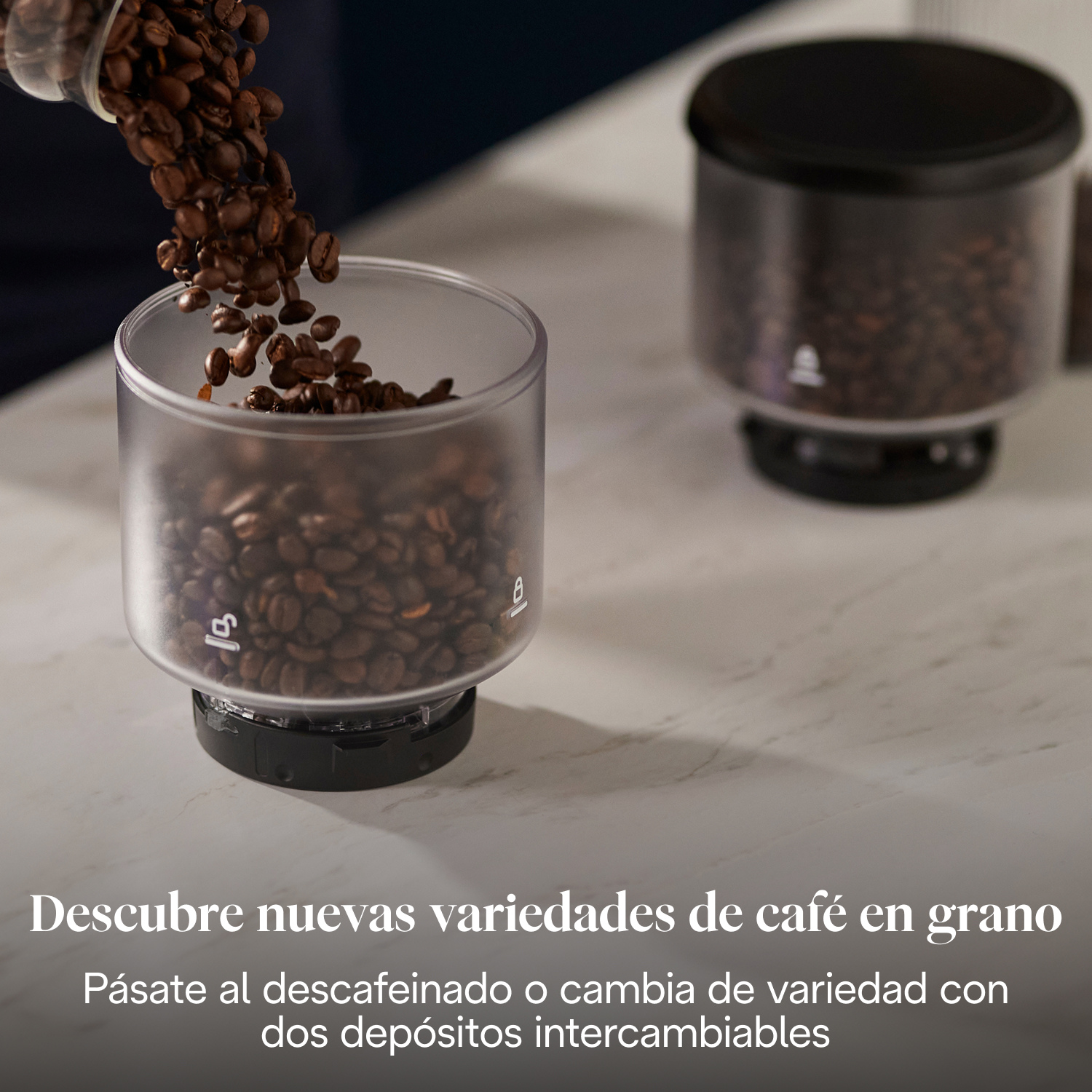 Descubre nuevas variedades de café en grano. Pásate al descafeinado o cambia de variedad con dos depósitos intercambiables.