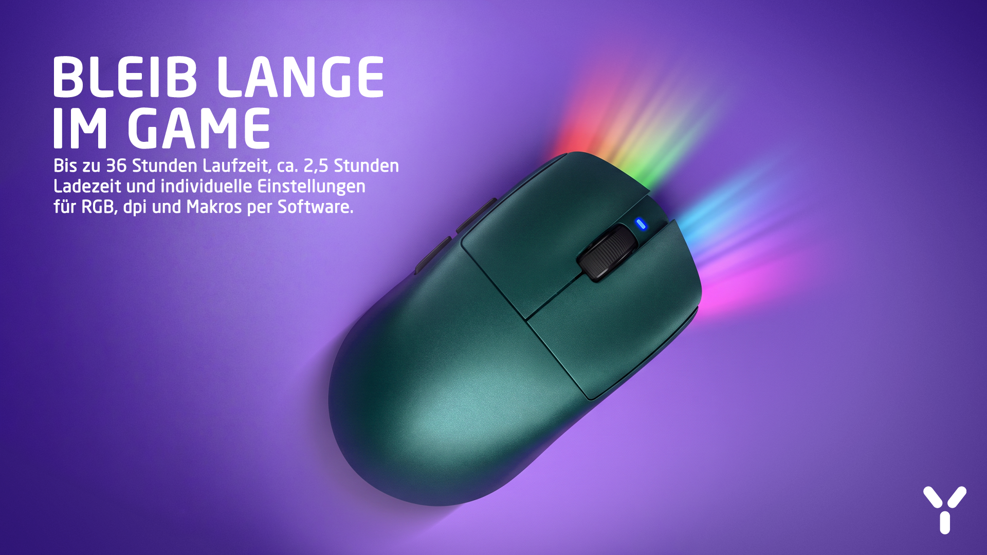 Eine grüne Gaming-Maus vor lila Hintergrund mit Regenbogen-Lichteffekten und Text.