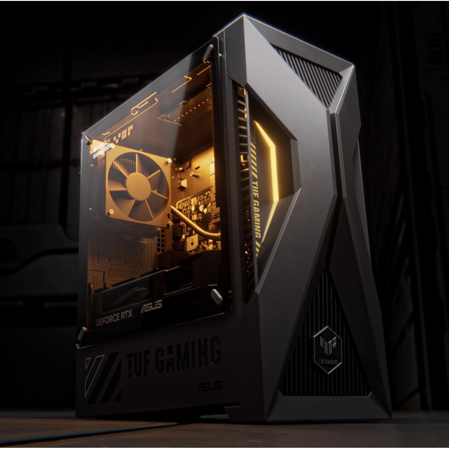 Black Asus TUF Gaming PC tower with glass side panel and yellow interior lighting.