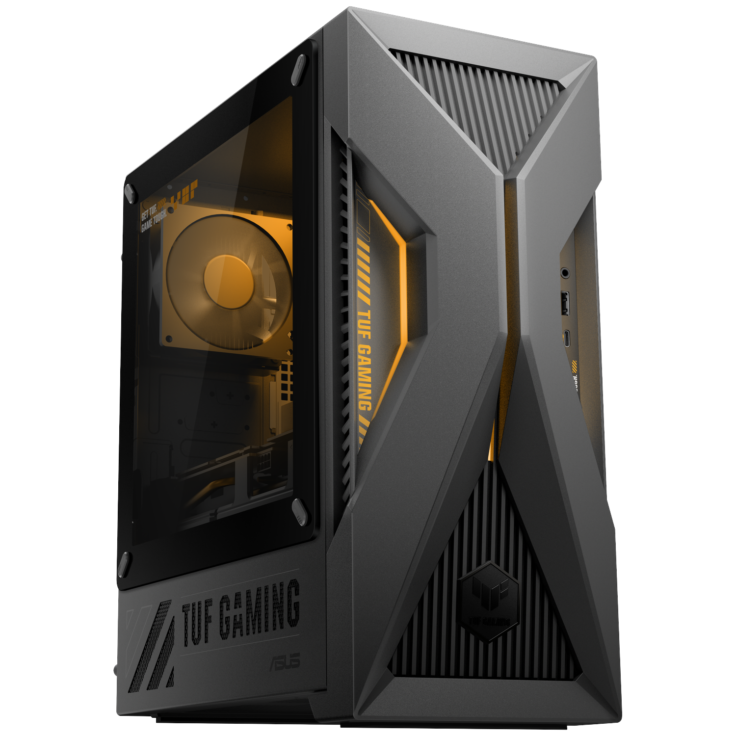 Black Asus TUF Gaming PC case with glass side panel and yellow lighting.