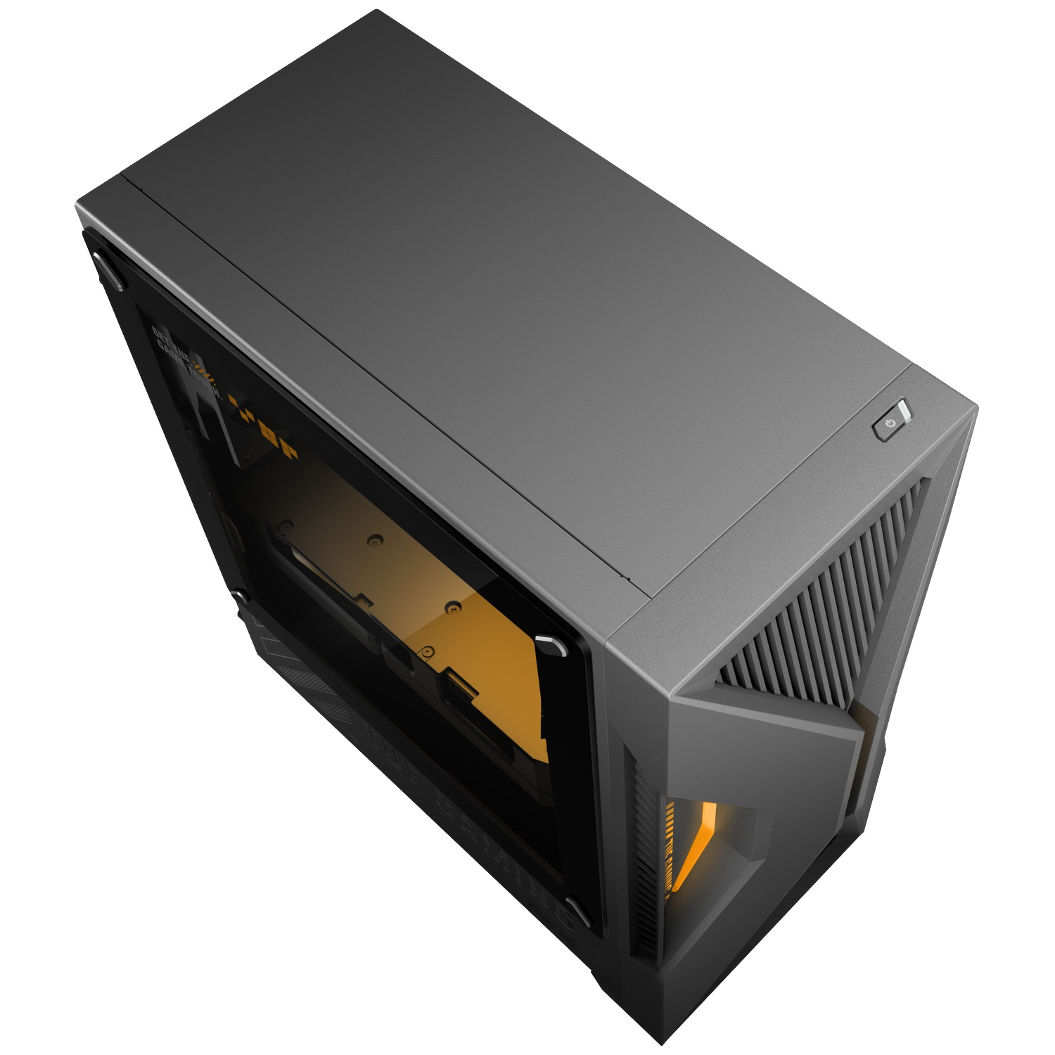 A high-angle view of a grey PC case with a glass side panel and orange accents.
