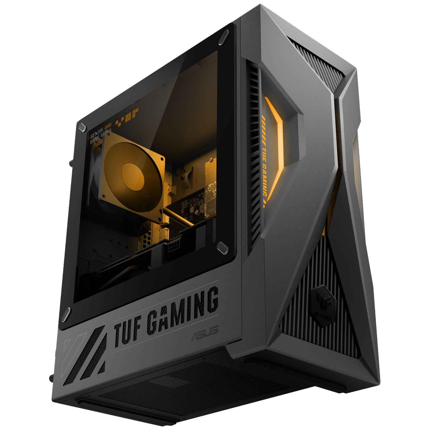 Black Asus Tuf Gaming PC tower with glass window and yellow lighting.