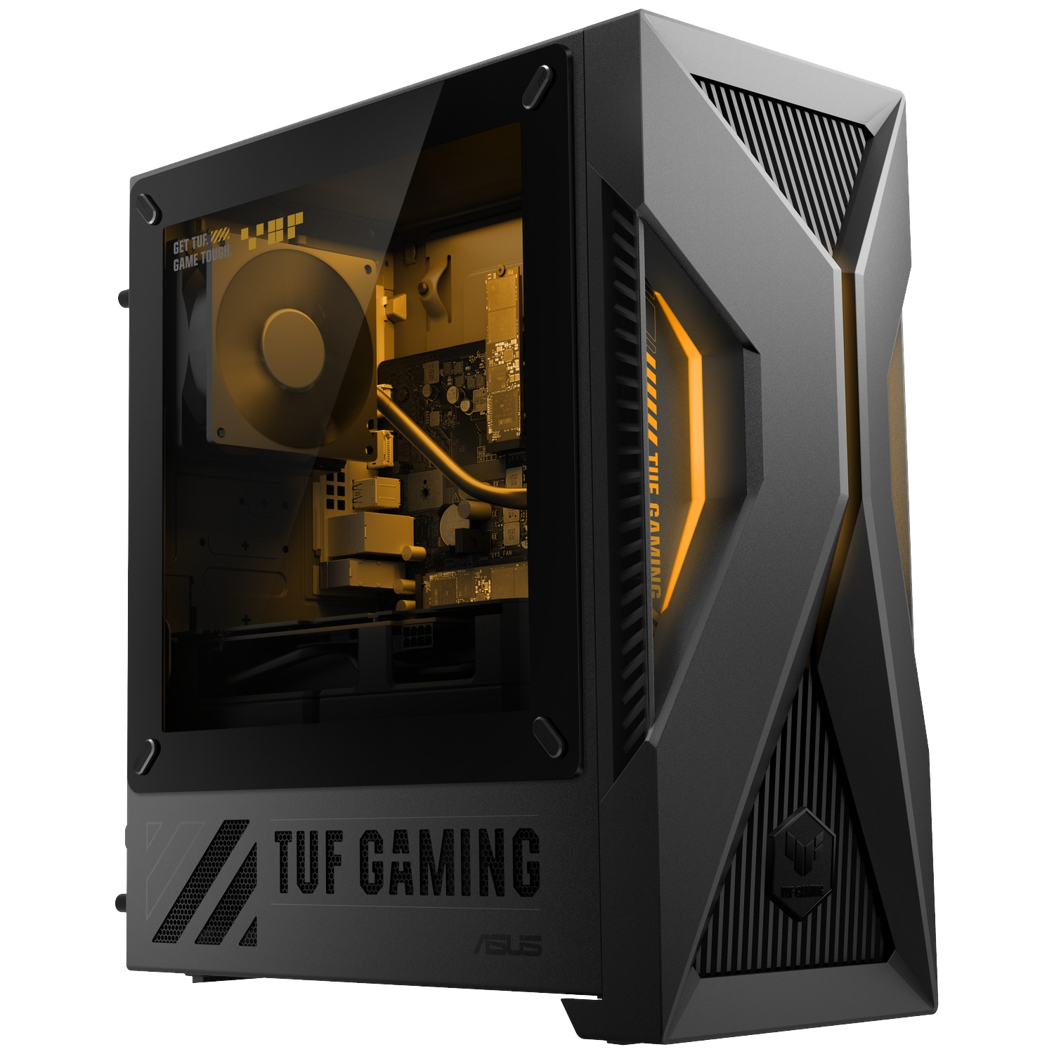 Black Asus TUF Gaming PC case with glass side panel and yellow internal lighting.