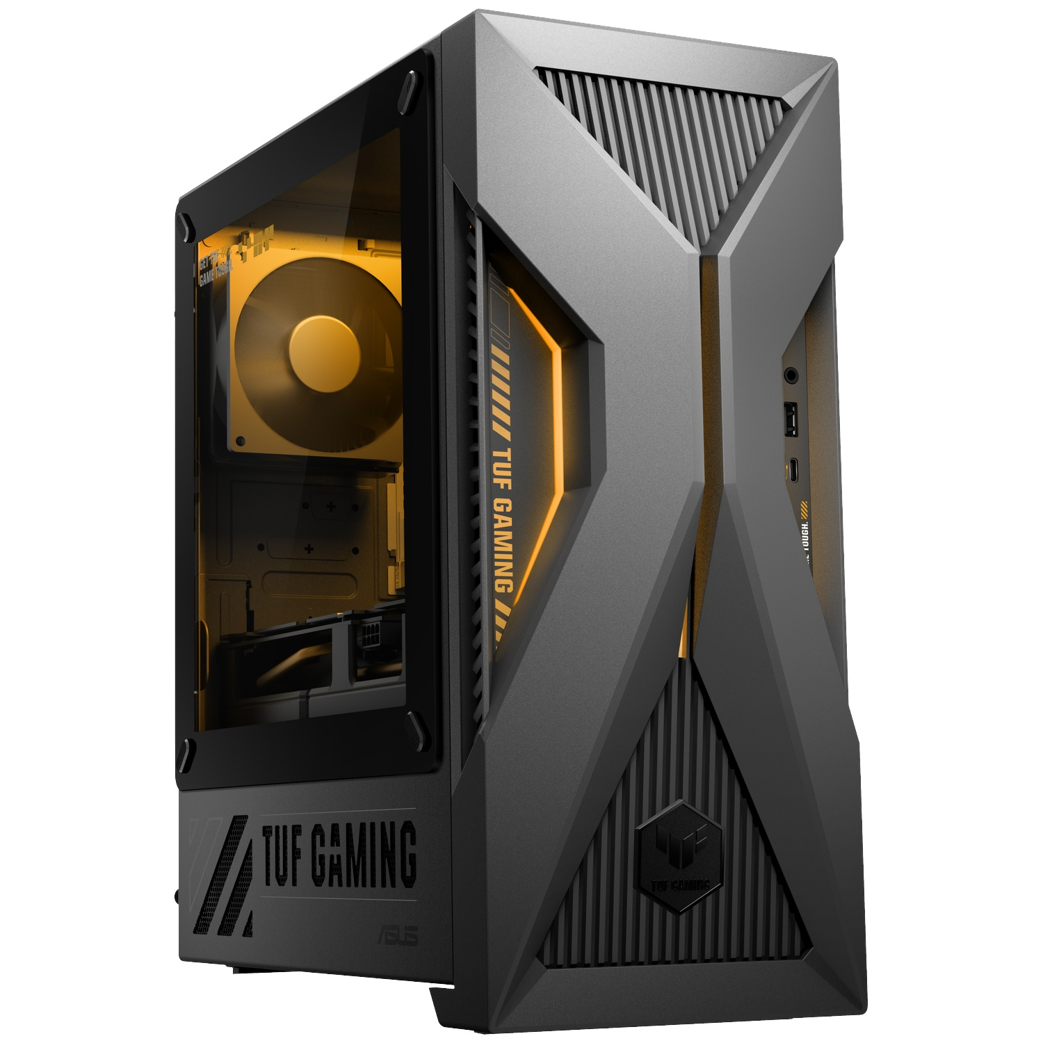 Gray Asus Tuf Gaming PC tower with glass side and orange lighting.