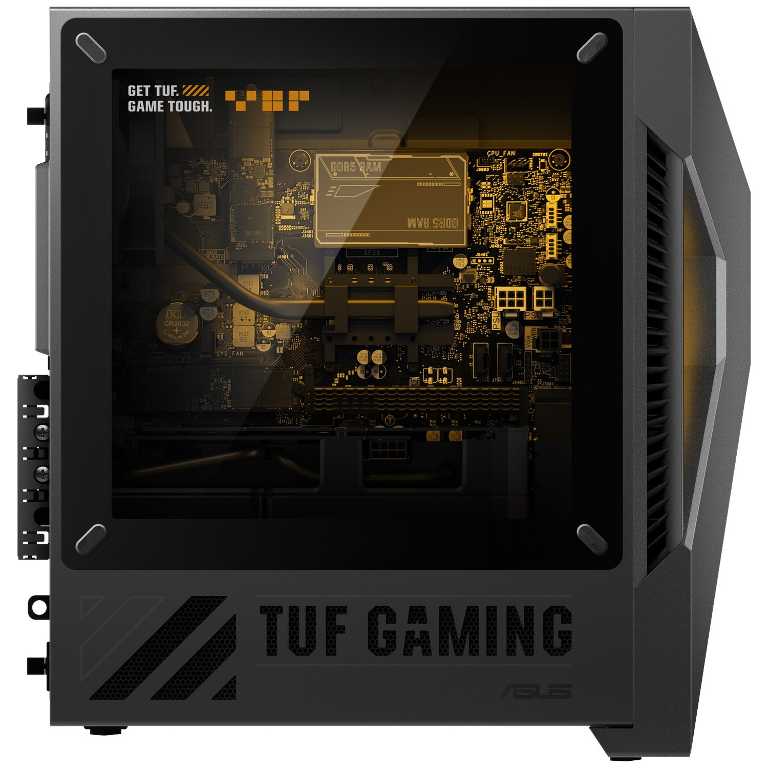 Black TUF Gaming PC case with a glass window showing the illuminated motherboard.