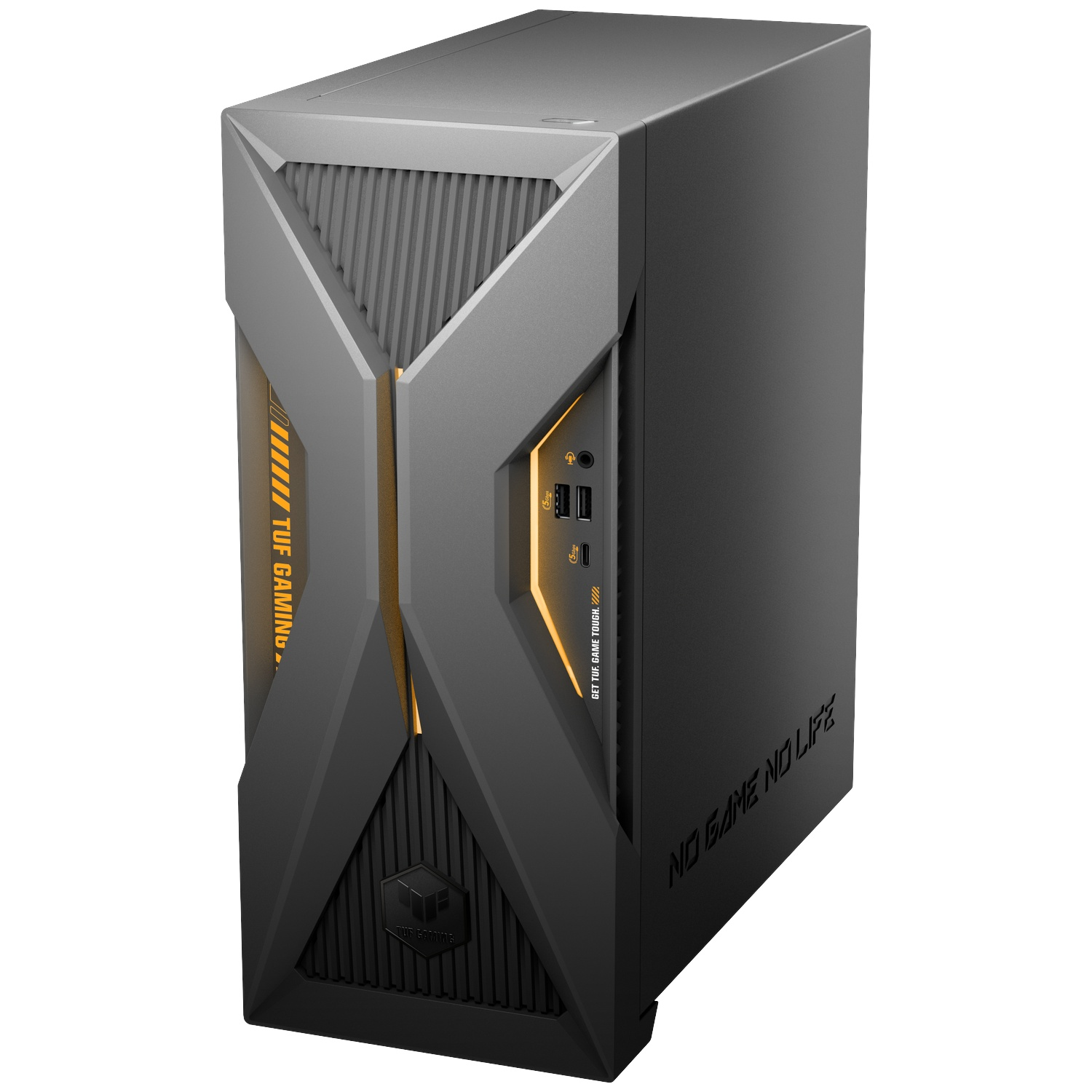 Grey TUF Gaming PC tower case with orange lighting accents and front USB ports.